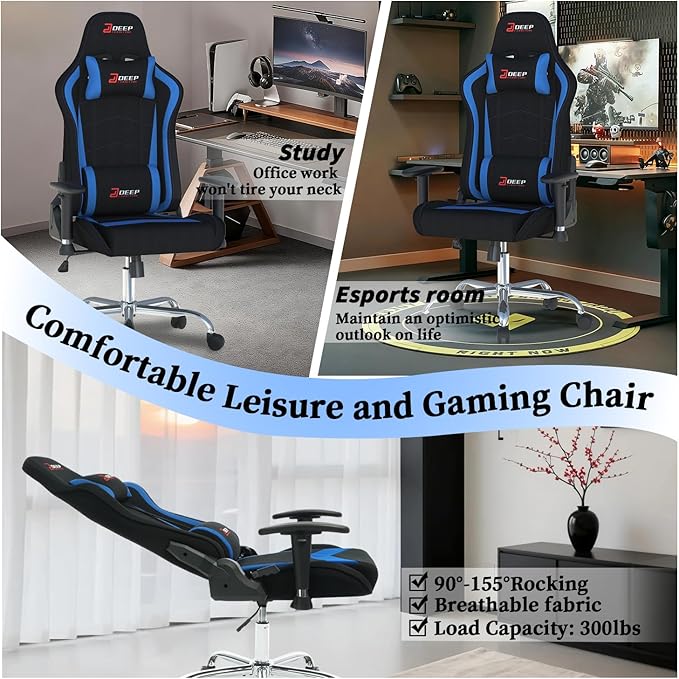 Ergonomic Fabric Gaming Chair with Footrest and Lumbar Support Racing Office Chair Adult-Specific Computer Gaming Chair Wrinkle-Resistant.(1005-DeepBlue)
