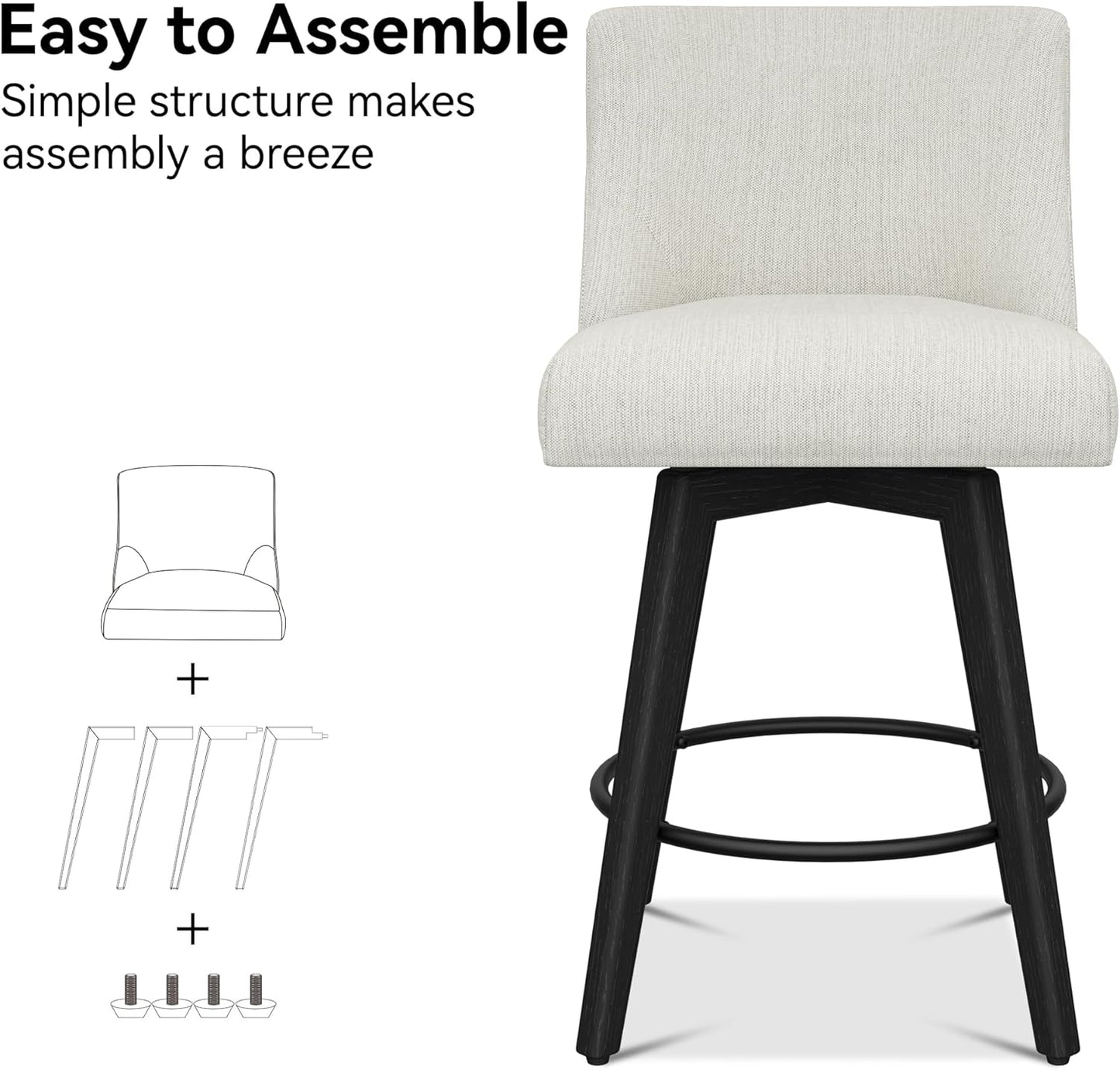 Counter Height Bar Stools Set of 3, Modern Swivel Barstools with Back and Wood Legs, Linen Fabric Upholstered Bar Chairs, 26" H Kitchen Counter Stools, Kitchen Island Home Bar, Ivory