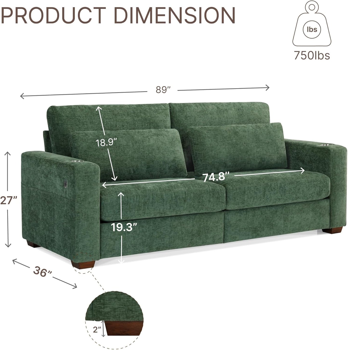 89" Sofa Couch for Living Room Chenille Upholstered Couch with Deep Seats and Wide Armrests 3 Seater Comfy Sofa with Cup Holders, USB & Type-C Ports, Spring Cushion, Solid Wood Frame Green