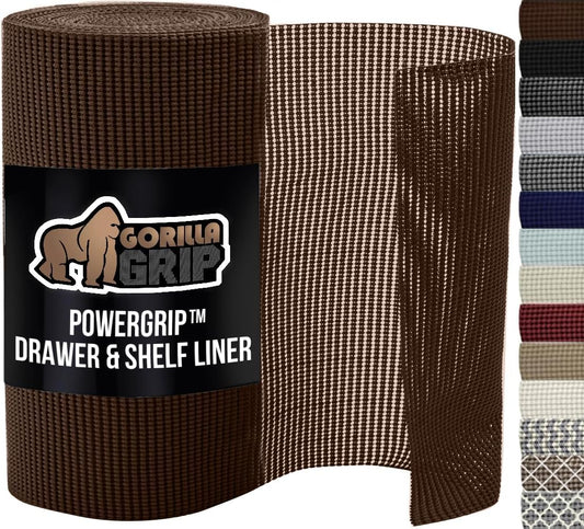GORILLA GRIP powerGRIP Drawer Shelf and Cabinet Liner, Thick Strong Hold, Non-Adhesive Liners Protect Kitchen Cabinets and Cupboard, Bathroom Drawers, Easy Install, Breathable Mat, 17.5" x30', Brown