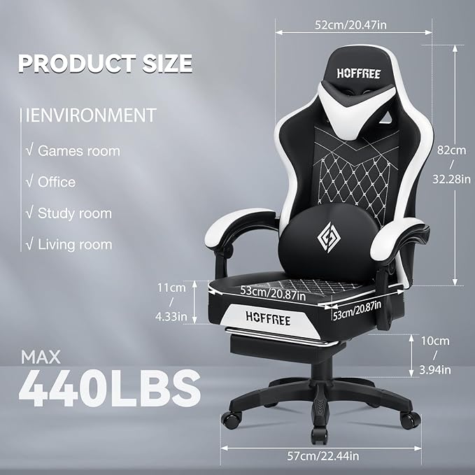 HOFFREE Gaming Chair with Speakers Massage Computer Gaming Chair with Pocket Spring Cushion for Adults Reclining Gamer Chair with Bluetooth Video Game Chairs with Footrest White and Black