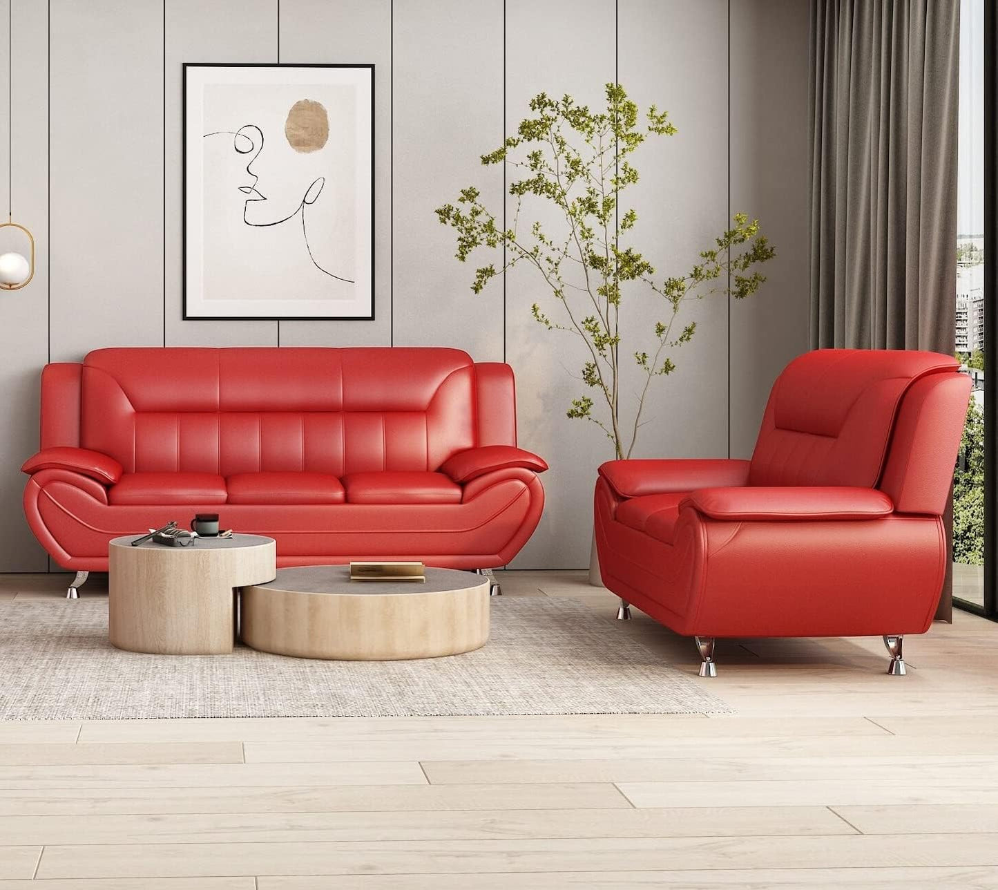 Container Furniture Direct Michael Modern Faux Leather Upholstered Stainless Steel Legs Living Room Sofa, Chair, Red