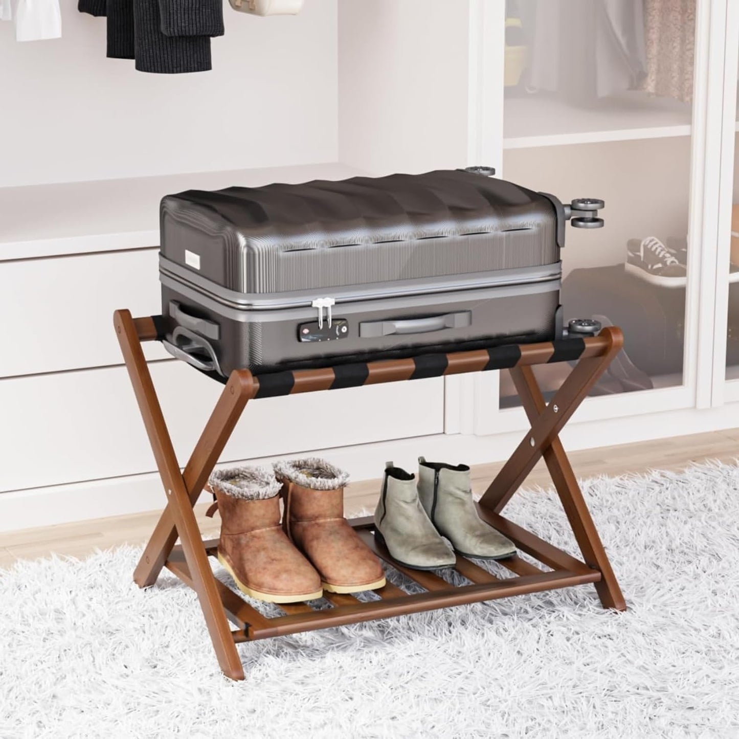 Fully Assembled Walnut Bamboo Luggage Rack with Shoe Shelf, Folding Suitcase Stand with 5 Heavy-Duty Straps, Large Wooden Luggage Holders for Guest Room, Ideal for Bedroom, Hotel