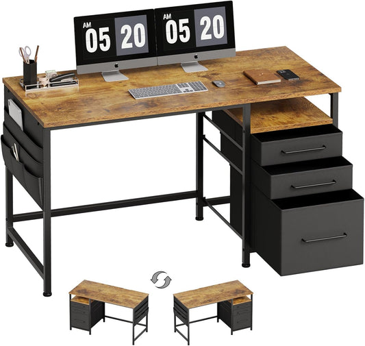 Ｍａｉｈａｉｌ Maihail Computer Desk with Drawers, 47 Inch Desk with 2 Drawers and Shelves, Office Table with Storage, Home Office desks, Metal Frame for PC Laptop, Rustic Brown