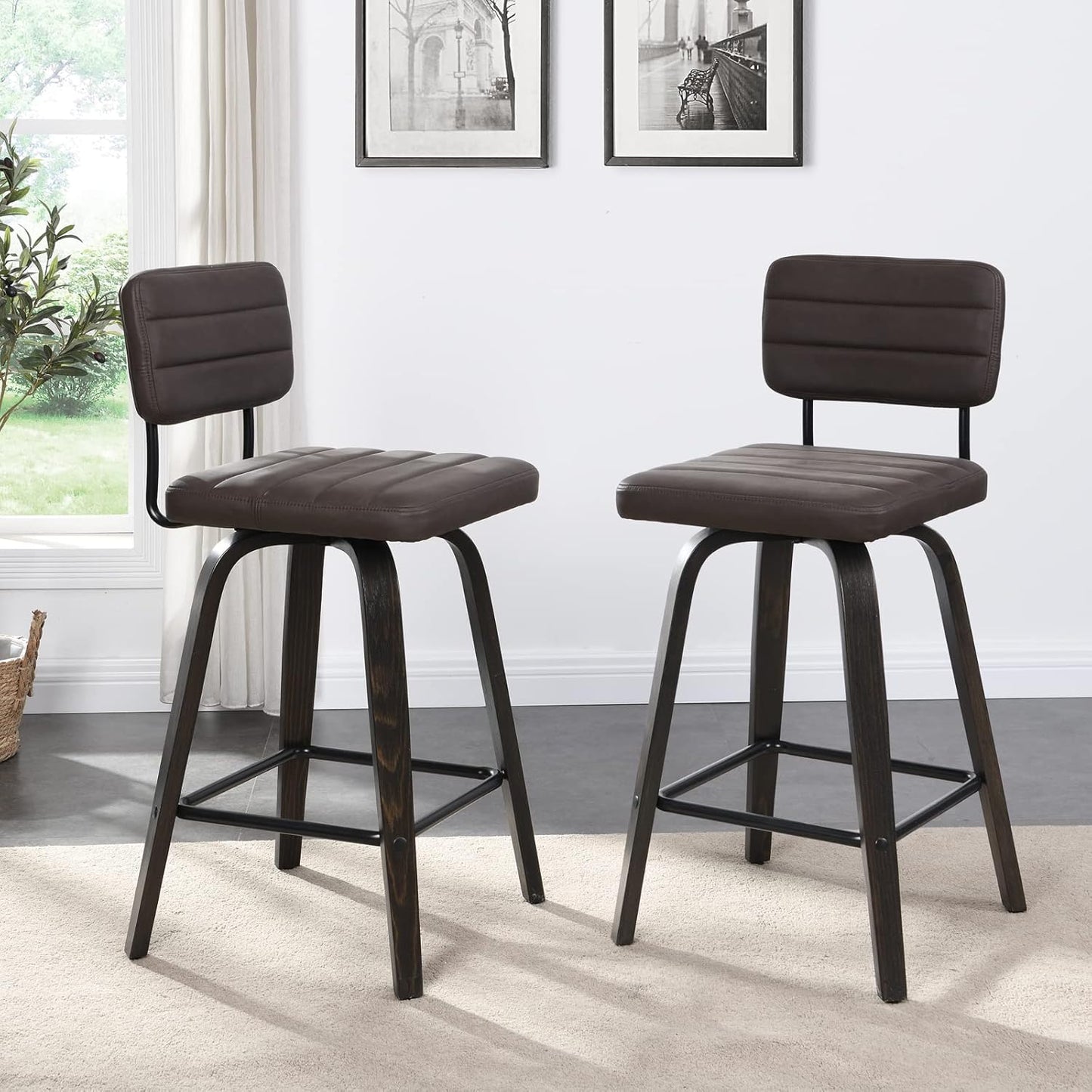 Counter Height Bar Stools Set of 2 Wood Swivel Bar Stools for Kitchen Island Modern Square Barstools with Leather Back Cushion Industrial Vintage Bar Chair Rustic Furniture for Home Pub 24 Inch Brown