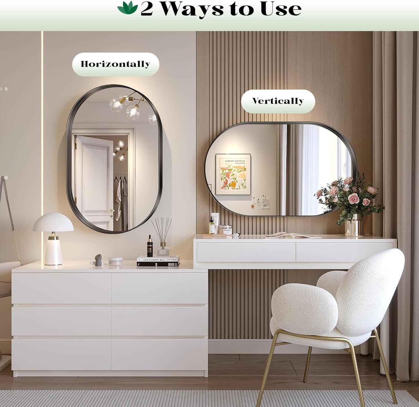 2 Pack Black Oval Mirror, 24" x 36" Oval Mirrors for Bathroom, Modern Vanity Pair Mirror for Over Sink Bedroom Fireplace Entryway Hang Vertical and Horizontal