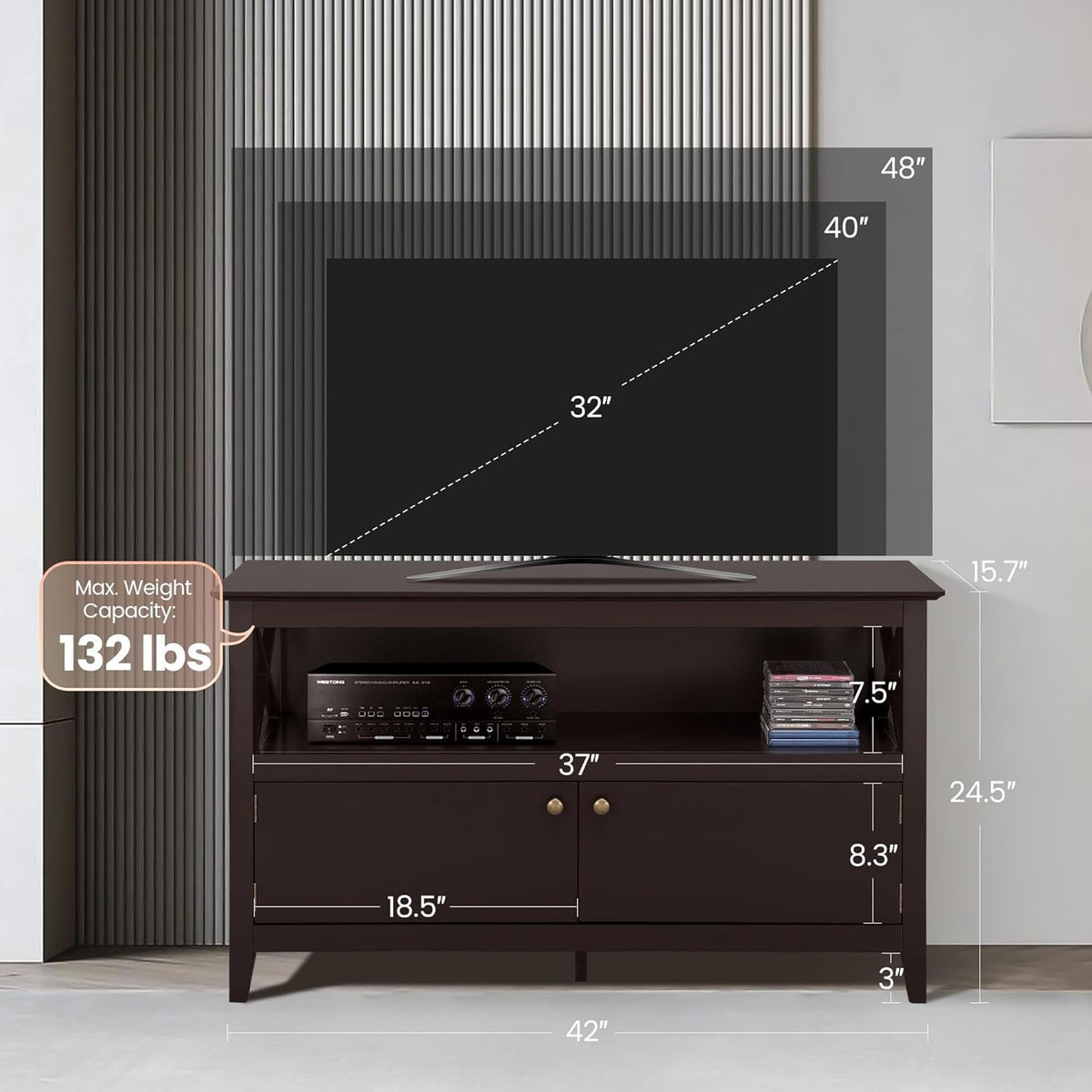 Yaheetech Wooden TV Stand for TVs Up to 48 inch, Media Entertainment Center Table, TV Cabinet Table with Storage Open Shelf & 2 Doors for Living Room, Espresso