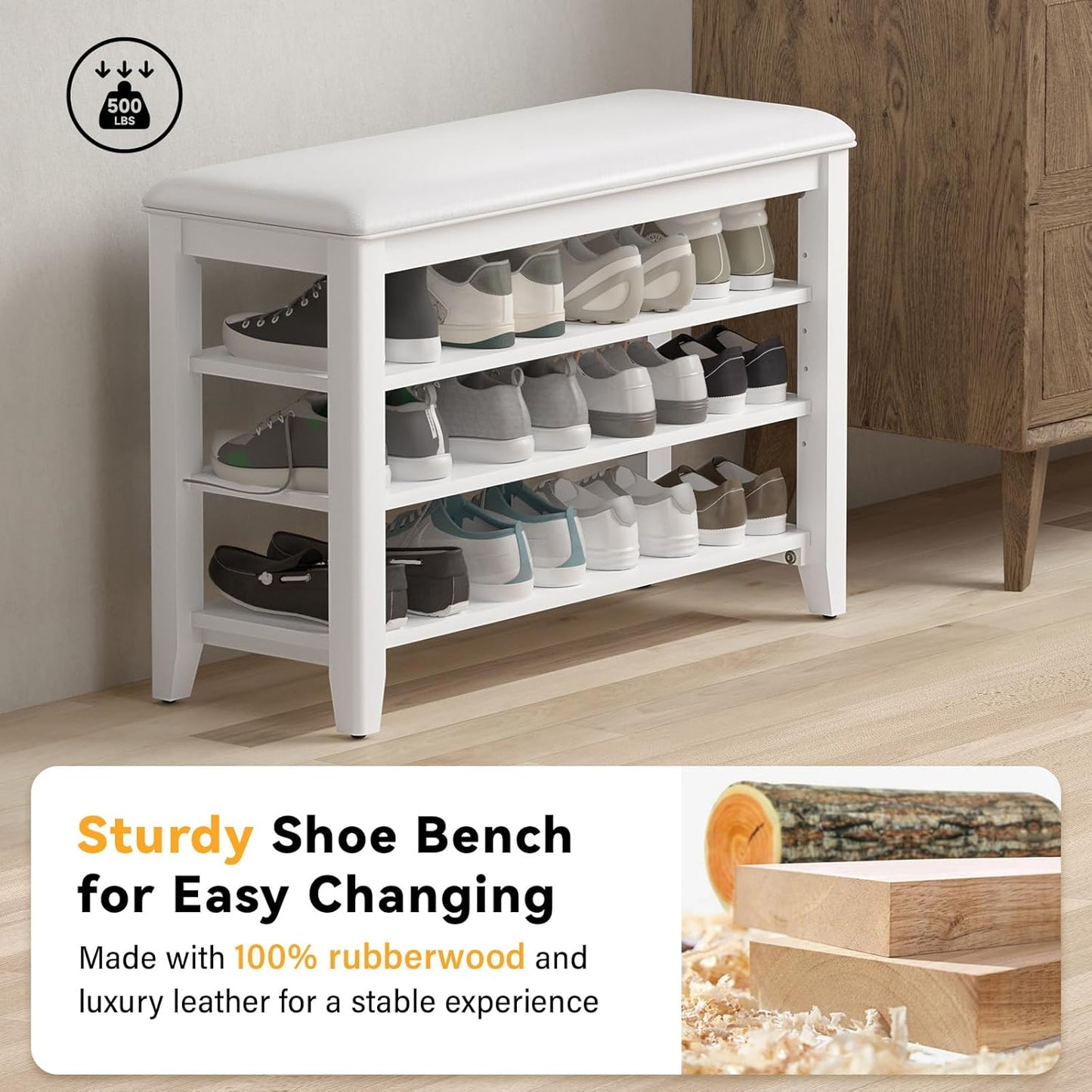 Entryway Shoe Storage Bench with Leather Cushion, Shoe Organizer Bench for Entryway, Ideal for Hallways Front Doors Entrances Mudrooms Featuring Rubberwood And 3 Height-Adjustable & Removable Shelve