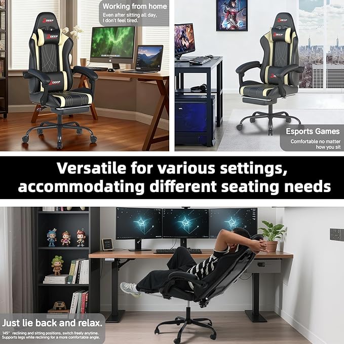 Ergonomic Gaming Chair with Footrest and Lumbar Massage, Racing Office Chair, High Back Computer Desk Chair with Headrest Pillow for Adults, Video Game Chair for PC Gamer (1001-Beige)