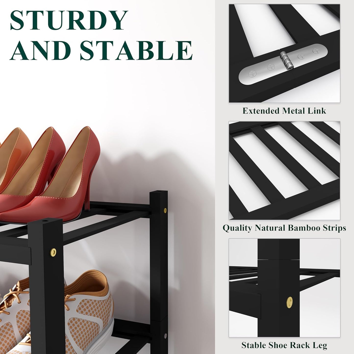 Smiry Shoe Rack, 5 Tier Bamboo Shoe Organizer, Stackable Free Standing Wooden Shoe Storage Shelf for Closet, Entryway, Front Door Entrance, Black