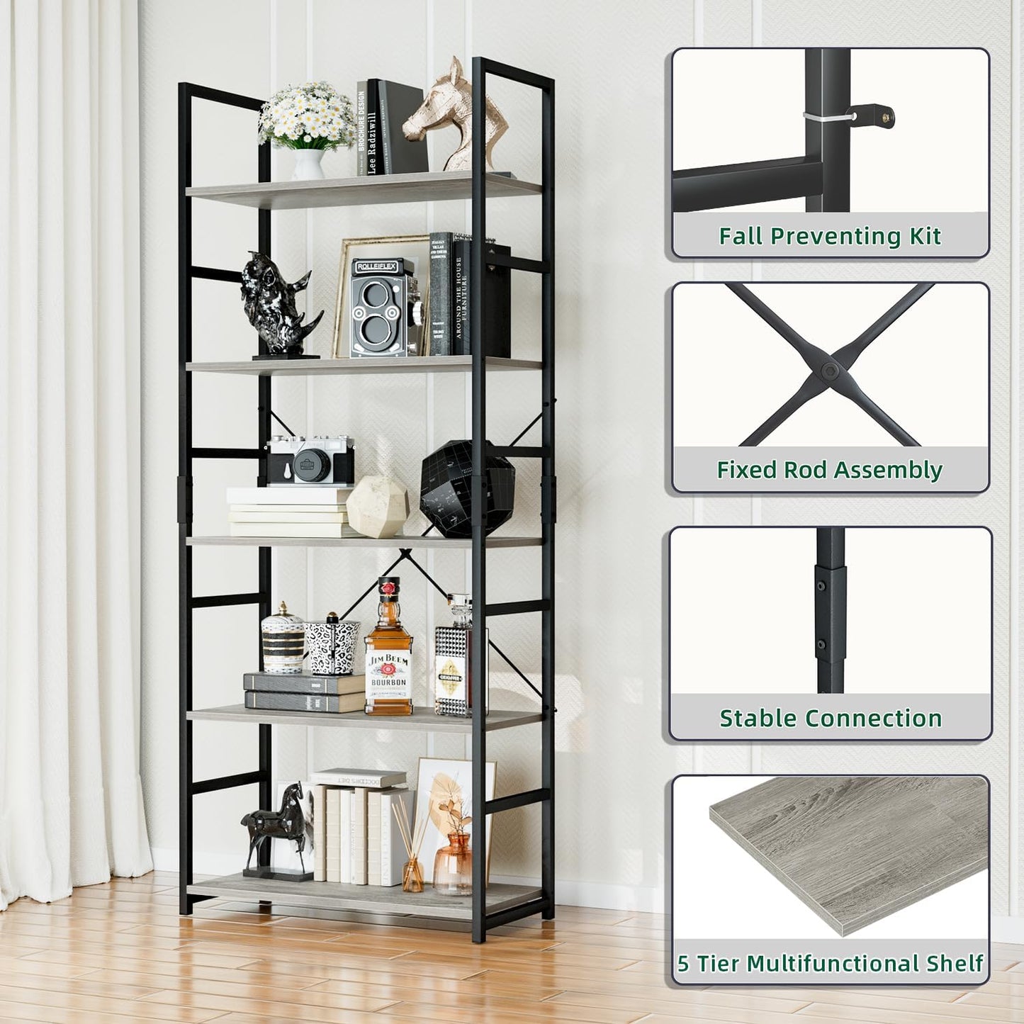 OTK 5 Tier Bookshelf, Tall Bookcase, Office Shelf Storage Organizer, Modern Book Shelf for Living Room, Bedroom, and Home Office, Grey
