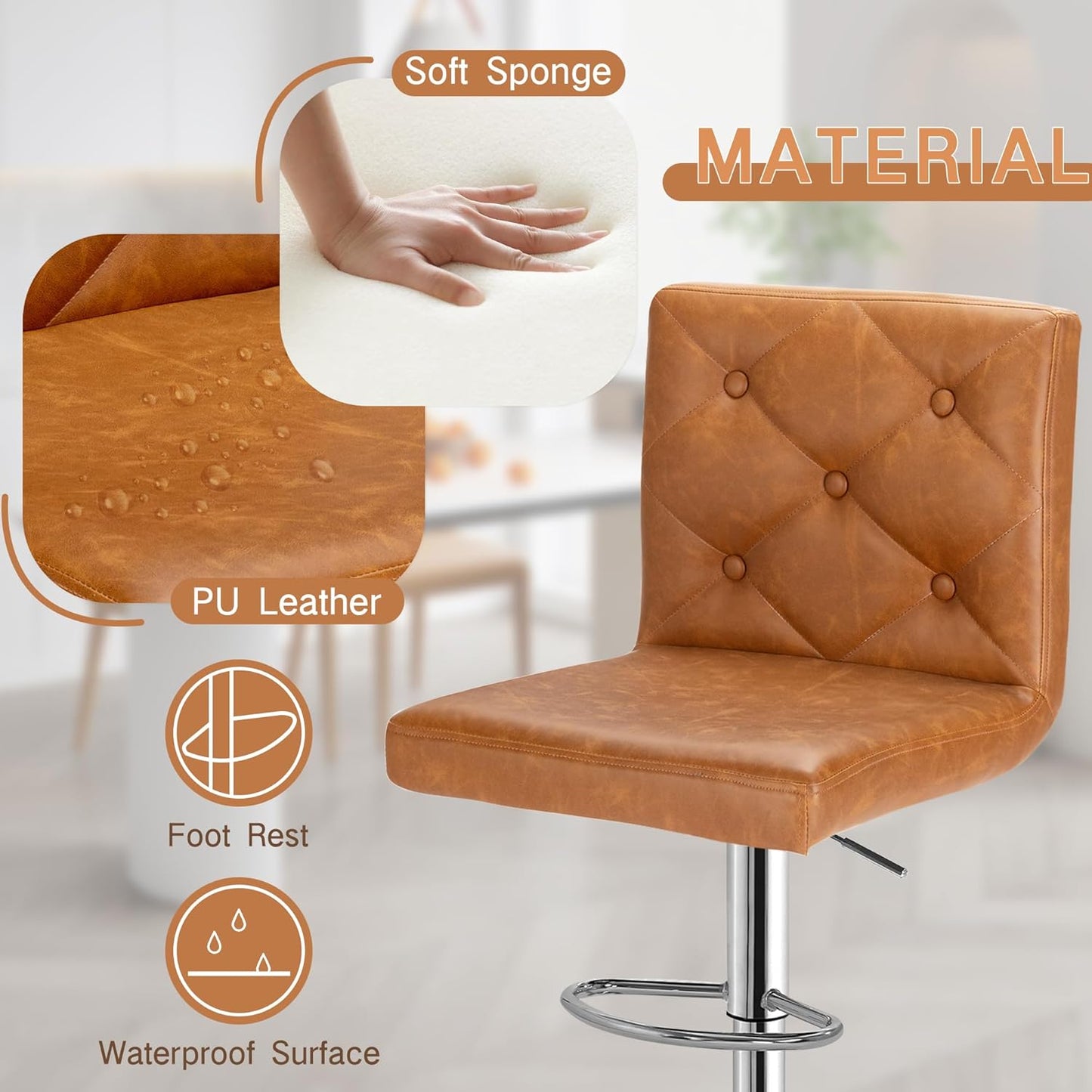 VECELO Adjustable Bar Stools Set of 2, Bar Height Stools for Kitchen Counter,Brown