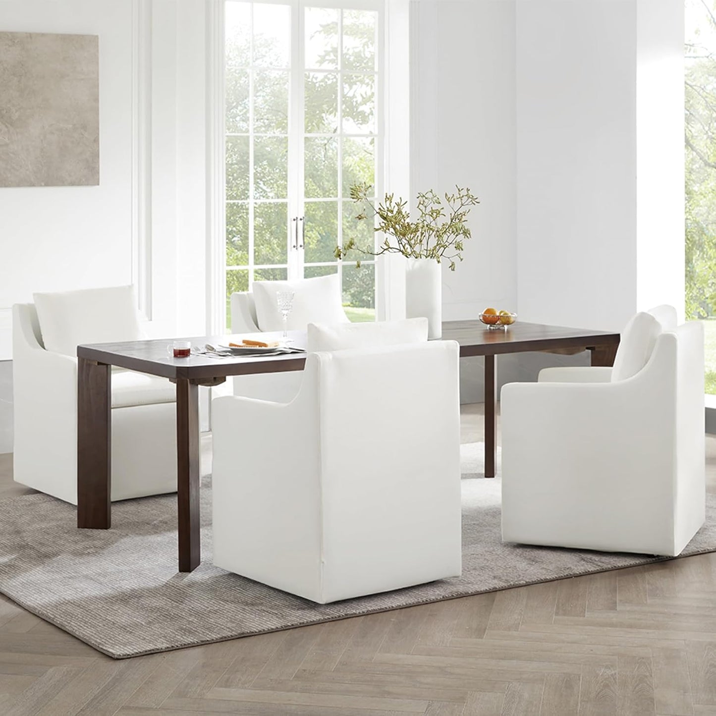 Upholstered Dining Chairs with Casters Washable Cover Side Deskchair with Rollers for Diningroom, Living Room, Cream, 4 Box