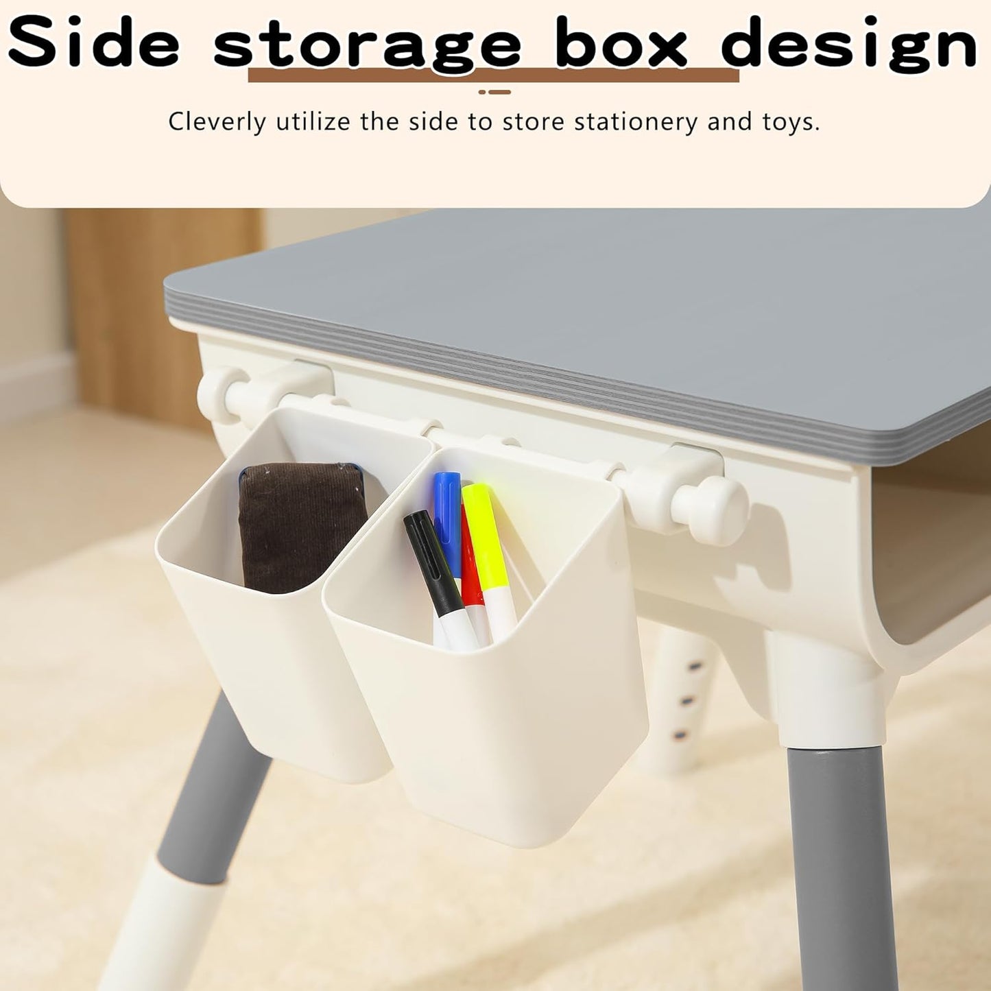 Kids Study Desk and Chair Set Height Adjustable Graffiti Desktop Storage Drawer Storage Basket Non Slip Legs Suitable for Max Weight of 220 Pounds Suitable for Children Aged 2-10(Grey 2Chair)