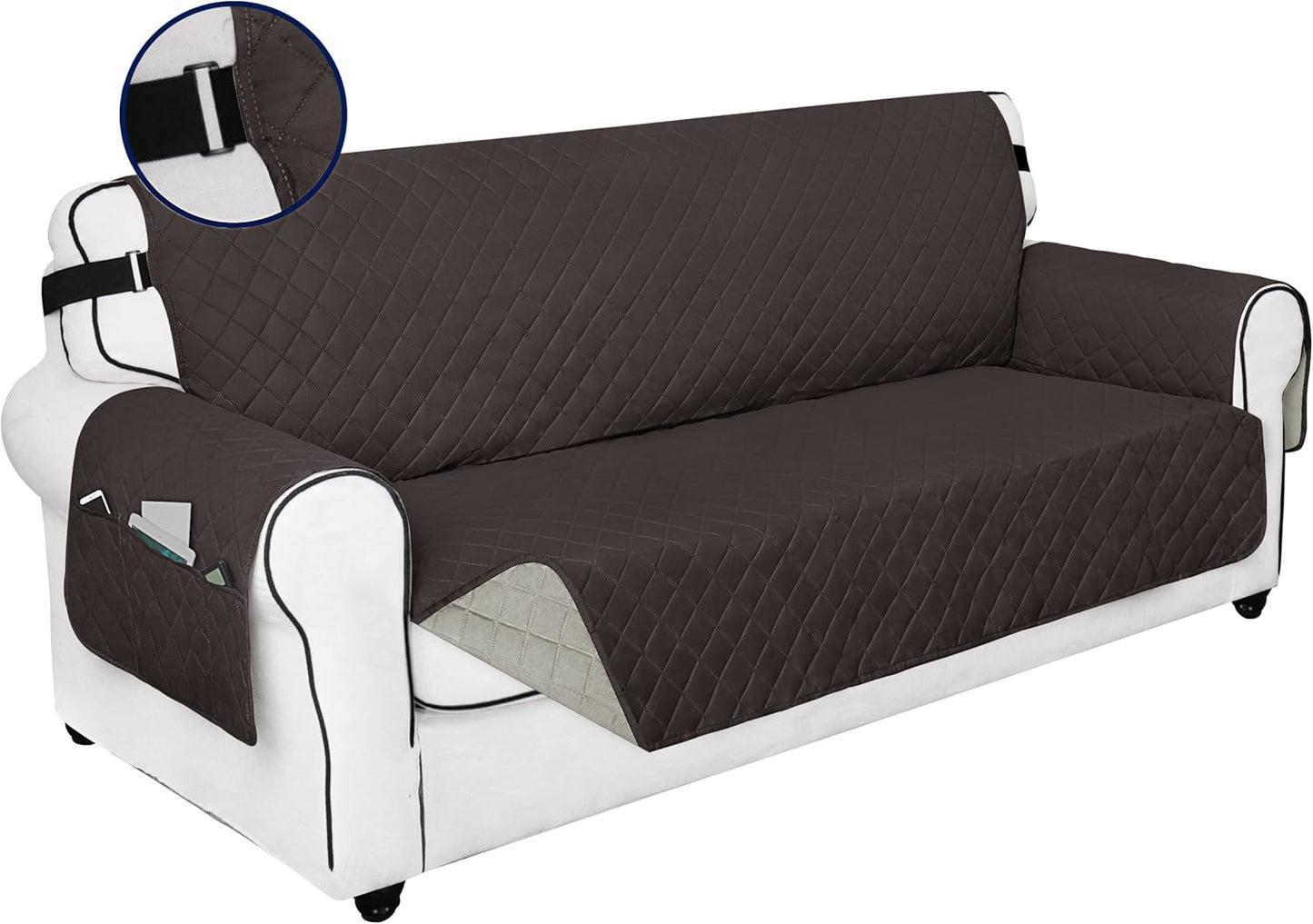 PureFit Reversible Sofa Couch Cover Water Resistant Couch Covers for 3 Cushion, Washable Furniture Cover with Non-Slip Foam and Adjustable Strap for Dogs, Pets (Sofa, Chocolate/Beige)