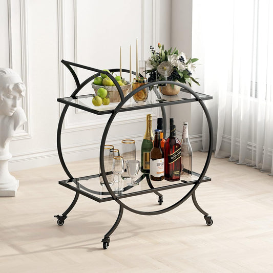 Industrial Bar Carts for The Home Bar Serving Cart, Rolling Bar Cart Black with Lockable Caster Wheels, Glass Bar Carts with 2 Mirrored Shelves, Storage Wine Carts for Kitchen, Party
