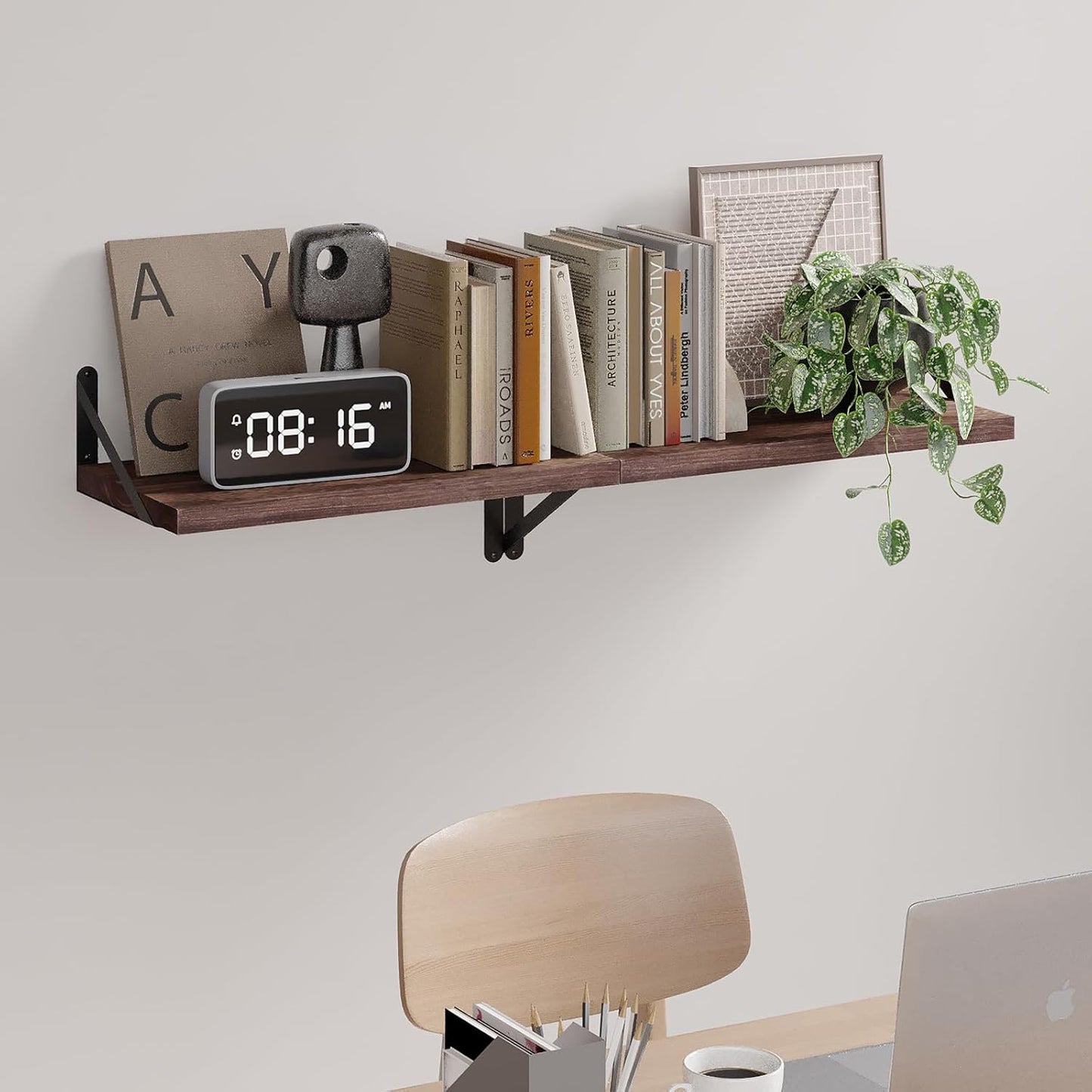 SAUMONIERES Floating Shelves Wall Bookshelf for Bedroom Bathroom Living Room Wood Wall Mounted Wide Deep Storage, Rustic Brown 24 Inch Wall Shelves Set of 2