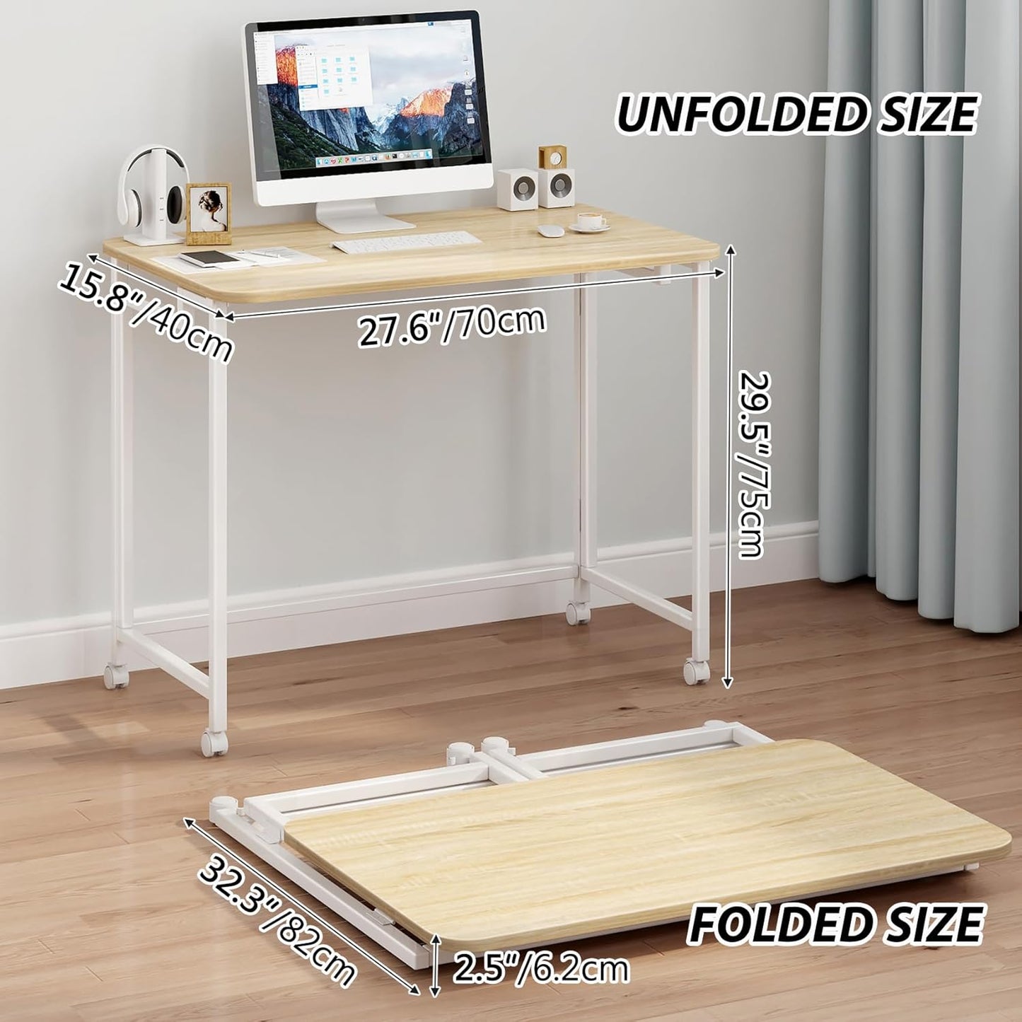 JSB Small Folding Computer Desk with Storage Bag and Hook Writing Modern Industrial Work Table Laptop for Home Office White (Natural & White, 27.6")