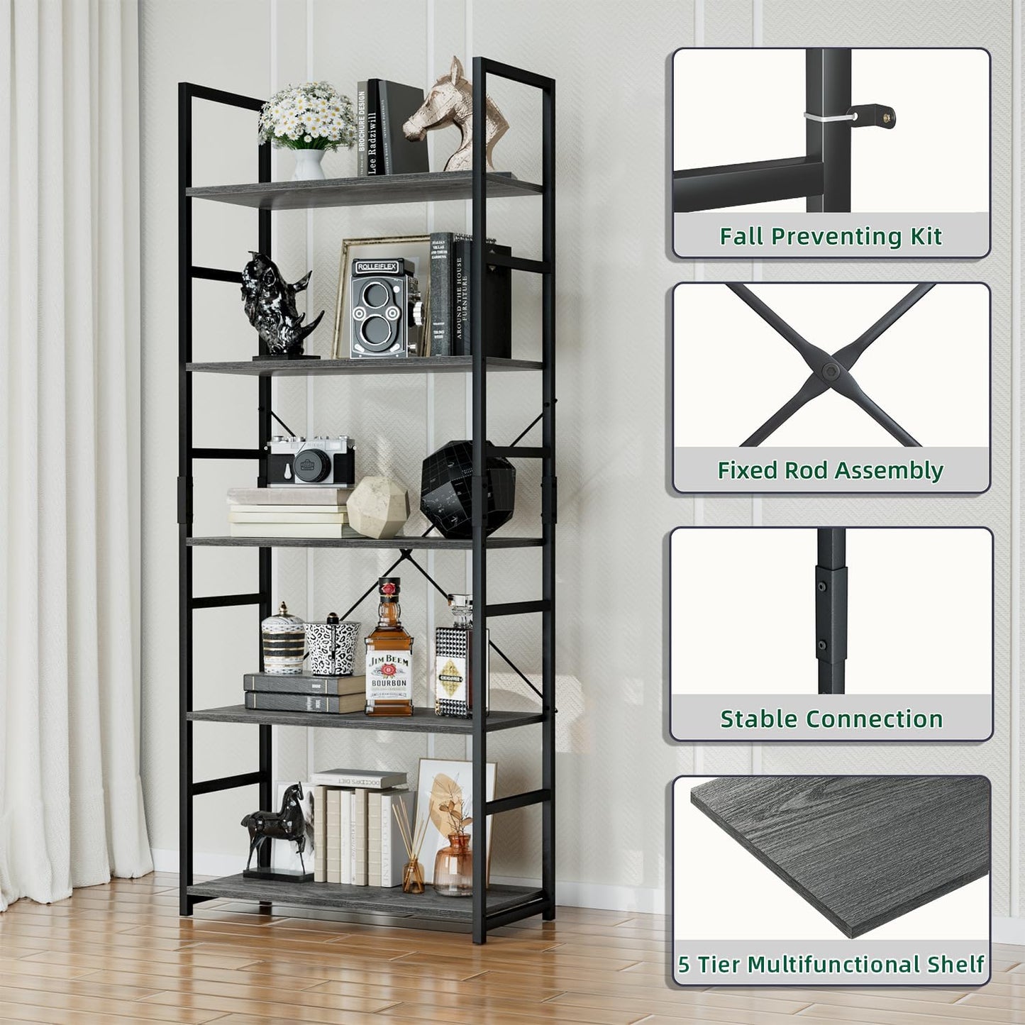 OTK 5 Tier Bookshelf, Tall Bookcase, Office Shelf Storage Organizer, Modern Book Shelf for Living Room, Bedroom, and Home Office, Dark Grey