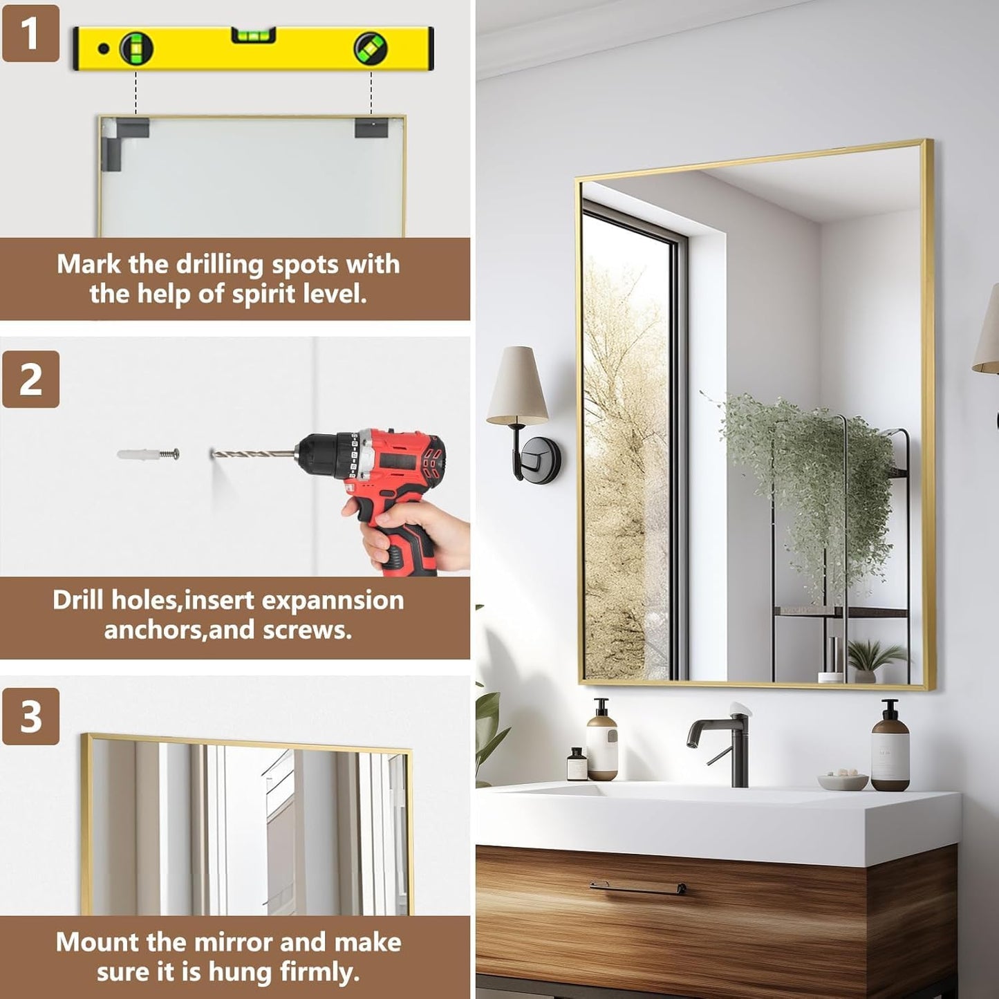 Gold Bathroom Mirror, 26"x38" Rectangle Mirror, Brushed Gold Mirror, Metal Frame Square Corner Vanity Mirror, Wall Mounted Mirror for Modern, Living Room, Bedroom, Horizontal Or Vertical