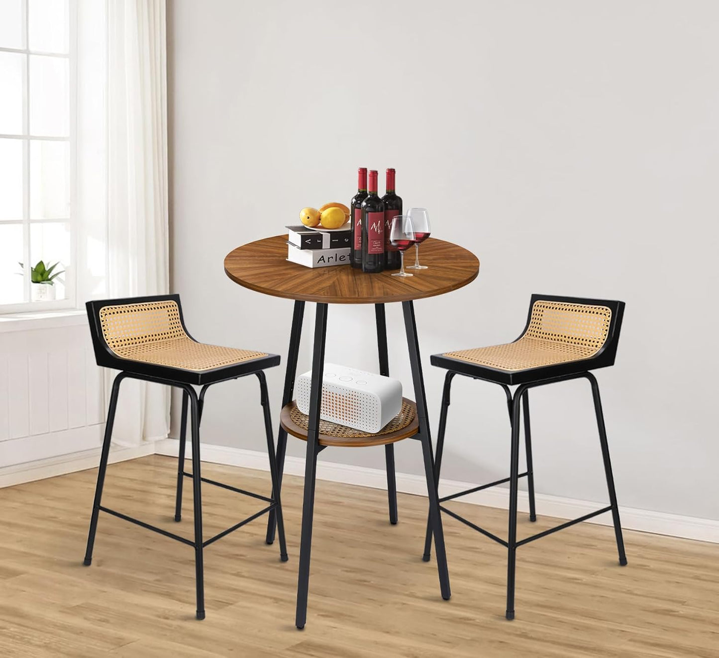 ZYBT Boho Bar Height Table - Rattan Storage Shelf, High Top & Counter Height Dining Table