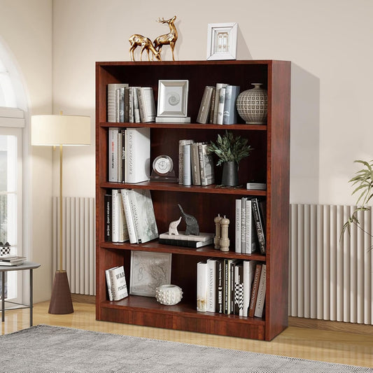 Wooden Bookcase with Adjustable Shelves, 4 Tier Wooden Bookshelf for Small Spaces, Office or Living Room, Modern Bookshelves Storage Rack, Manga Display Shelf,48 Inch,Cherry