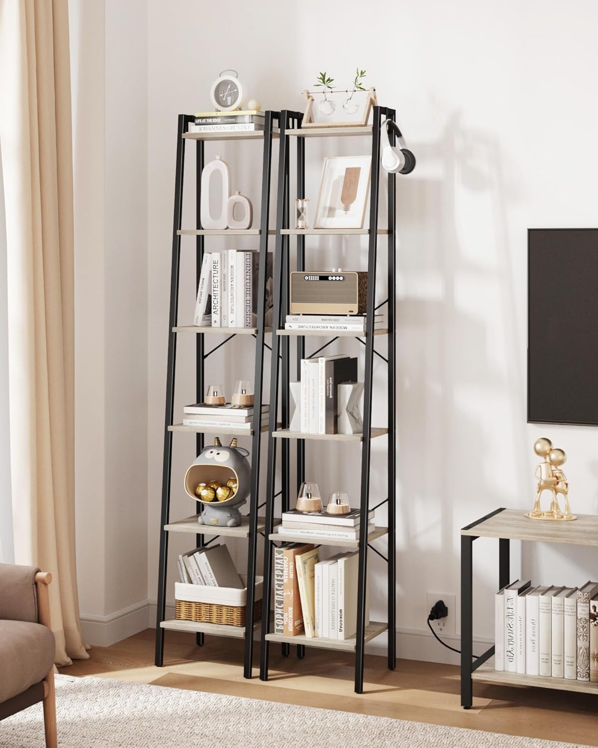 Ladder Shelf, Bookshelf Bookcase, Freestanding Corner Storage Shelve with 2 Hooks for Home Office, Living Room, Kitchen, Bedroom, Industrial, 6-Tier Greige BC13305B