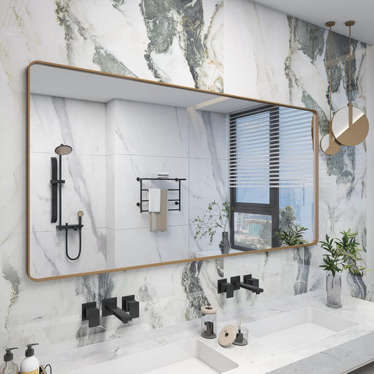 72x36 Inch Gold Bathroom Mirror for Wall, Large Brushed Gold Framed Mirror, Large Rectangle Vanity Mirror, Rounded Corner, Shatterproof, Anti-Rust (Horizontal/Vertical)