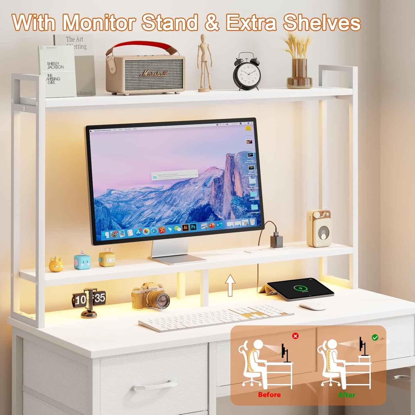Computer Desk with Hutch, White Gaming Desk with Power Outlets & LED Ligthts & 5 Fabric Drawers, Home Office Desk with 2 Tiers Storage Shelves for Display (White Oak, 39 Inch)