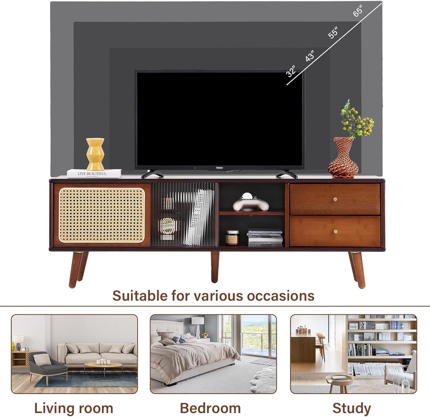 Tiita Rattan TV Stand for 55 65 Inch TV, Bamboo TV Cabinet with 2 Drawers, Boho Entertainment Center with Adjustable Shelf, Mid Century Modern Media Console for Bedroom, Living Room, Walnut
