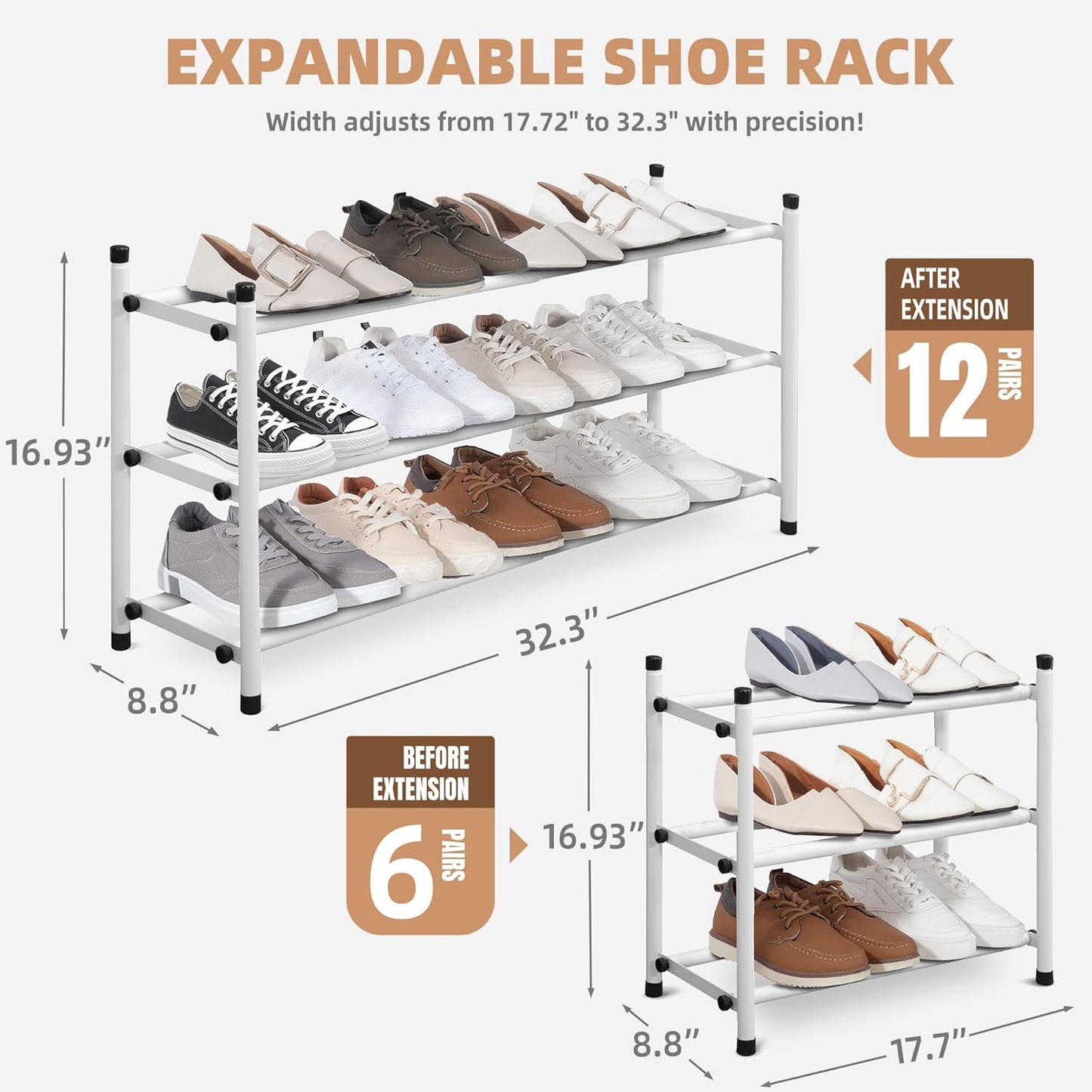 STORAGE MANIAC Expandable Shoe Rack, 12 Pairs Stackable Small Shoe Rack, Metal Adjustable Shoes Organizer for Closet, Entryway, Hallway, Garage, Front Door, Shoes Shelves, White 3 Tier