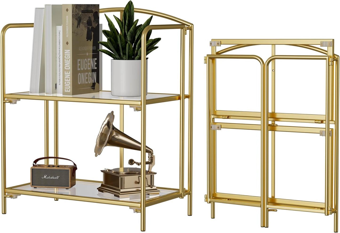 Crofy No Assembly Folding Bookshelf for Living Room, 2 Tier Gold Collapsible Book Shelf for Home Office, Portable Bookcase Storage Organizer