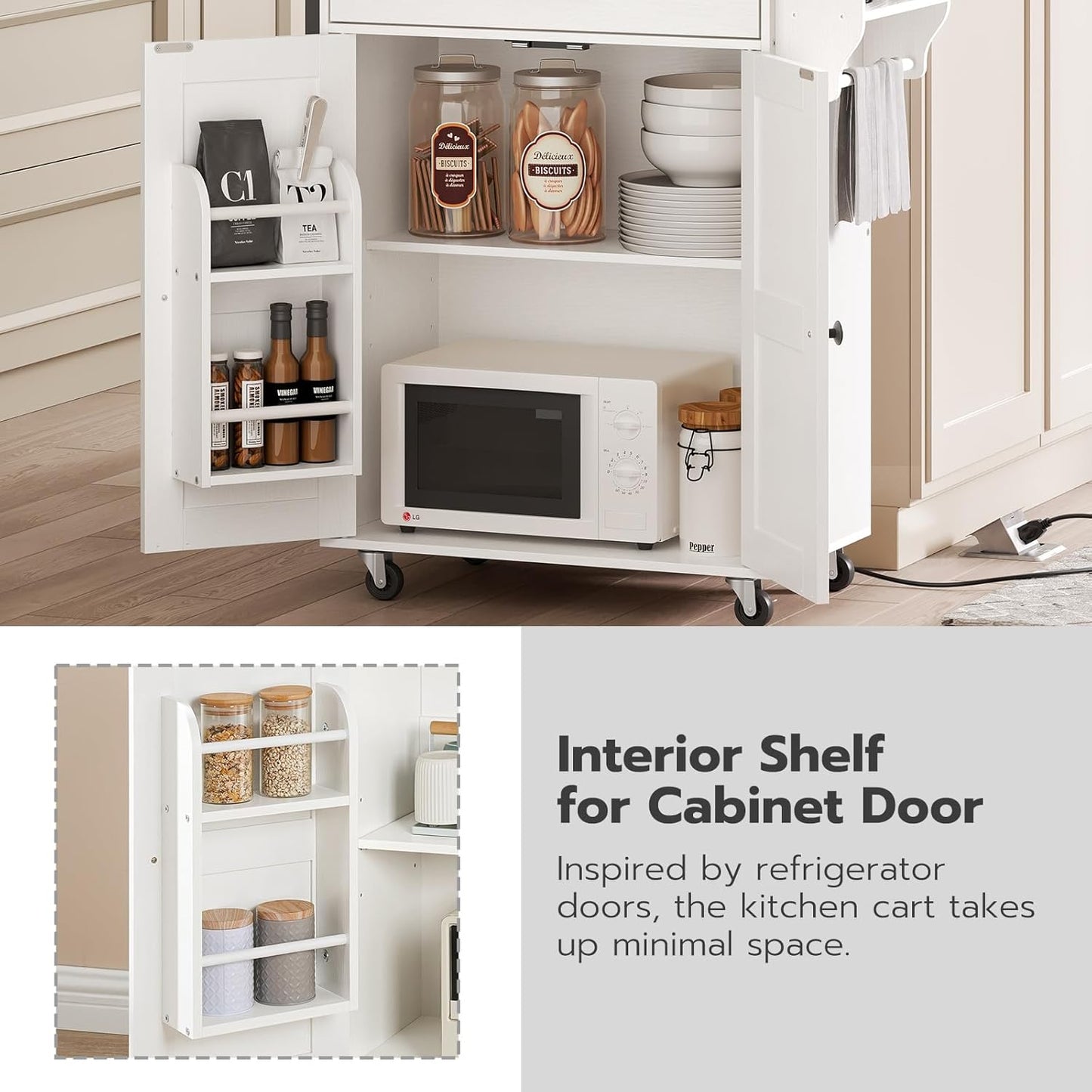 HOOBRO Kitchen Island with Power Outlet, Kitchen Storage Island with Large Worktop, Spice Rack and Drawer, Rolling Island on Wheels, for Dining Room, White and Natural