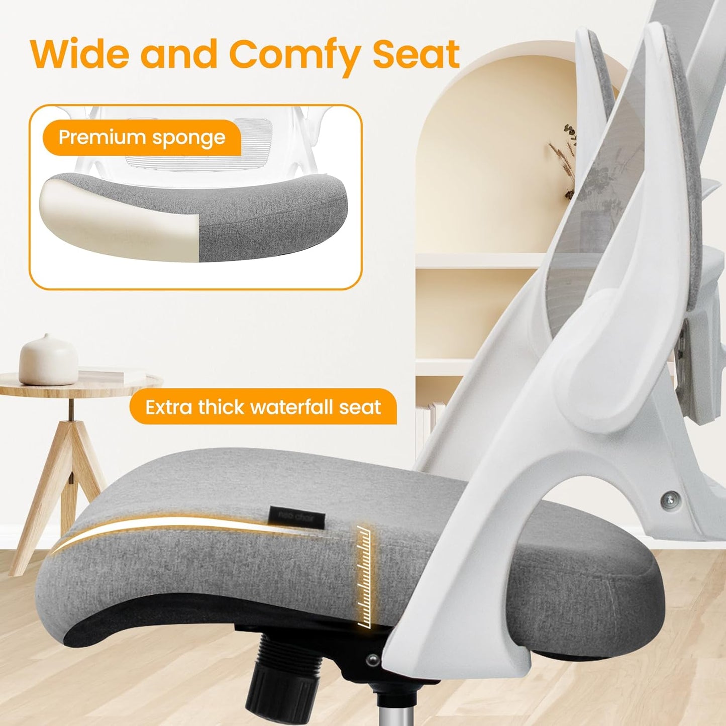 NEO CHAIR Ergonomic Office Desk Chair High Back Computer Gaming Mesh Chair with Comfy Task Adjustable Arms Lumbar Support Headrest Swivel for Home Office (Grey)