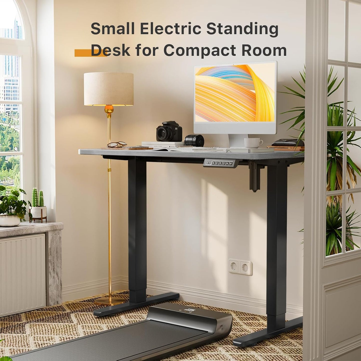JOY worker Small Electric Standing Desk, 35" x 20" Whole Piece Height Adjustable Desk with Memory Controller, Grey Sit to Stand Desk Workstation for Home Office