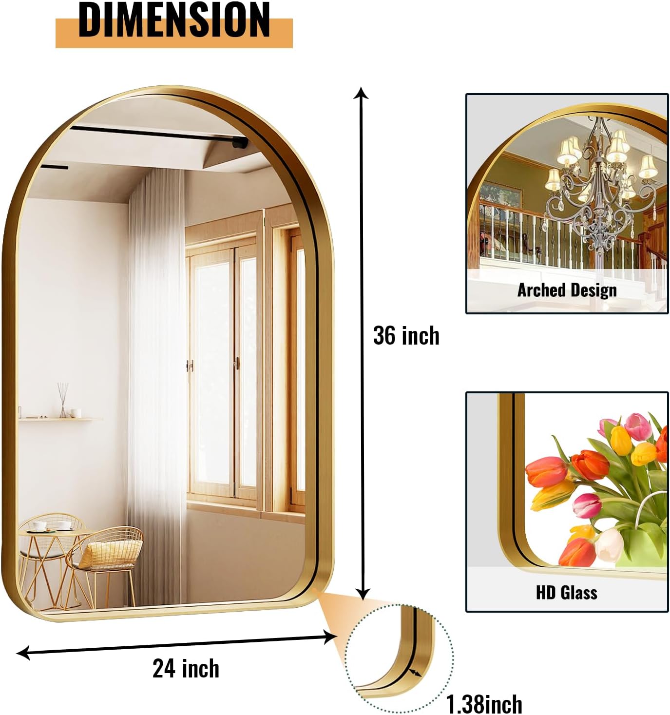 Arched Bathroom Mirror - 36x24 Inch Gold Bathroom Mirror for Wall - Aluminum Alloy Framed Mirror - Arched Top Bathroom Vanity Mirror for Living Room, Bedroom, Mantel, Entryway, and Hallways