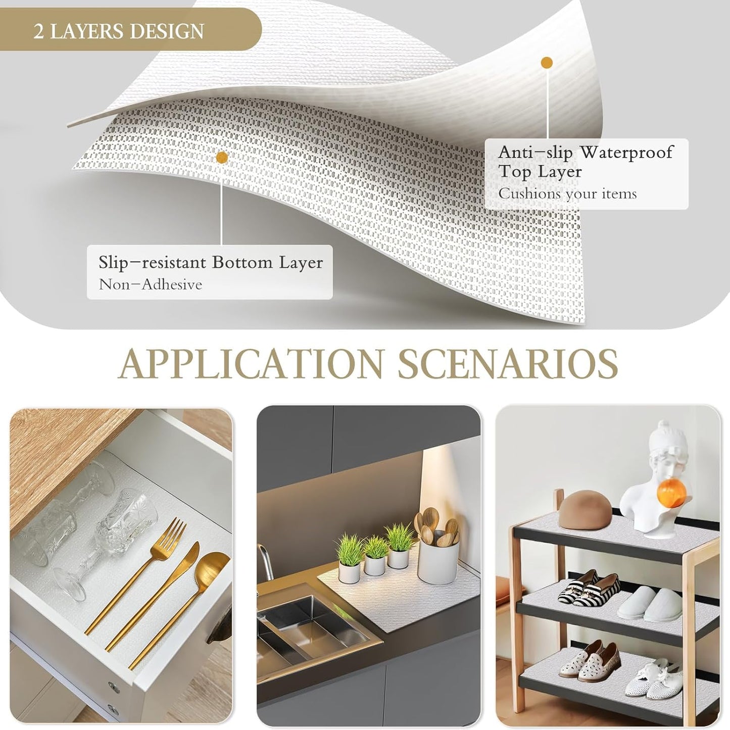 Beautysaid Shelf and Drawer Liner for Kitchen Cabinet, Non Adhesive Non Slip Shelf Paper Waterproof Washable Thickened for Dresser Pantry Shelve Bathroom Protector Liner(White,18 in x 10 FT)