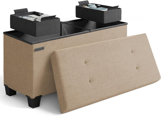 STORAGEBUD Storage Ottoman Bench with Bins, 30-in Storage Bench for Bedroom End of Bed, Folding Foot Rest Ottoman for Living Room Max 660lbs, Fabric Ottomans, Taupe