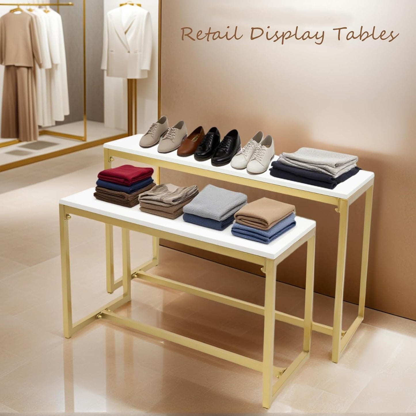 Gold 2-Piece Set Retail Display Tables Modern Nesting Tables - Metal Display Riser Shelf for Shoes, Handbags, Home, Clothing Shops & Retail Stores - 110lbs Load Capacity