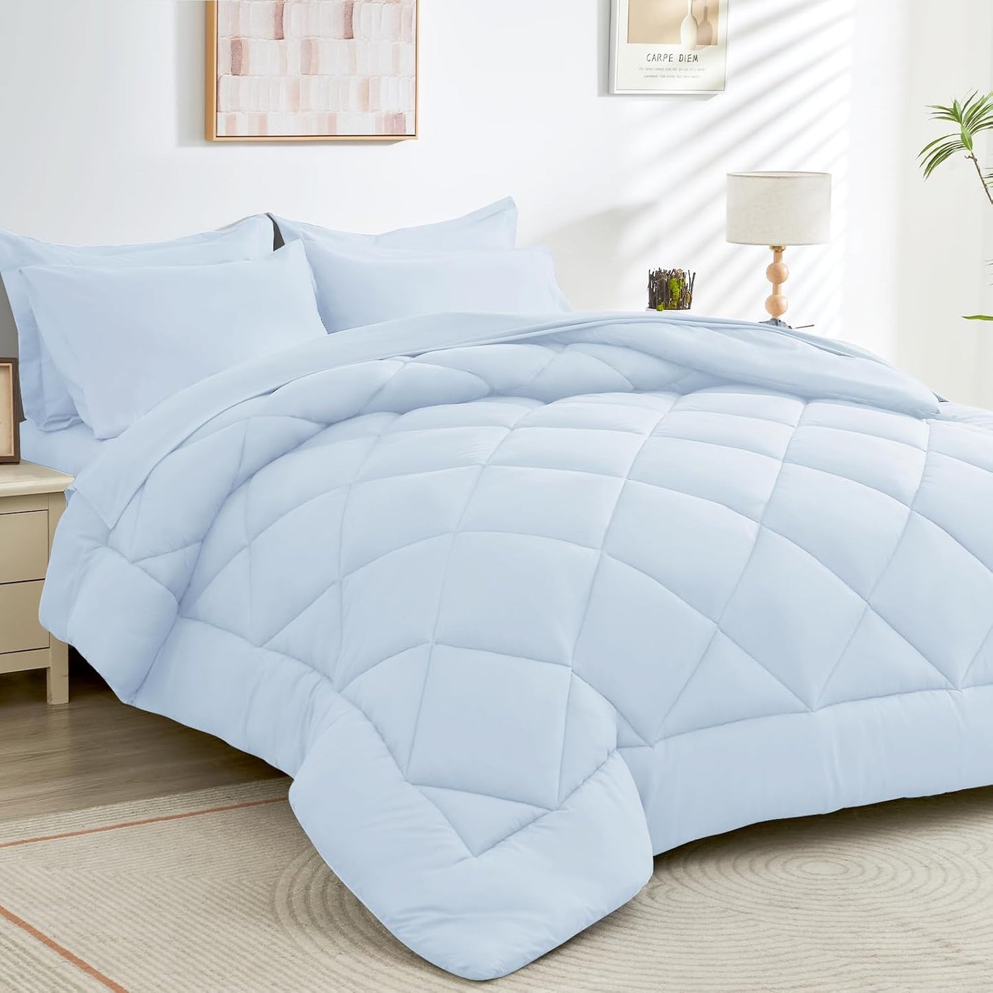 HEVUMYI Light Blue Full Comforter Set - 7-Piece All Season Bed in a Bag Full, Ultra Soft Bedding Set with Comforter, Flat Sheet, Fitted Sheet, Pillowcases, Pillow Shams