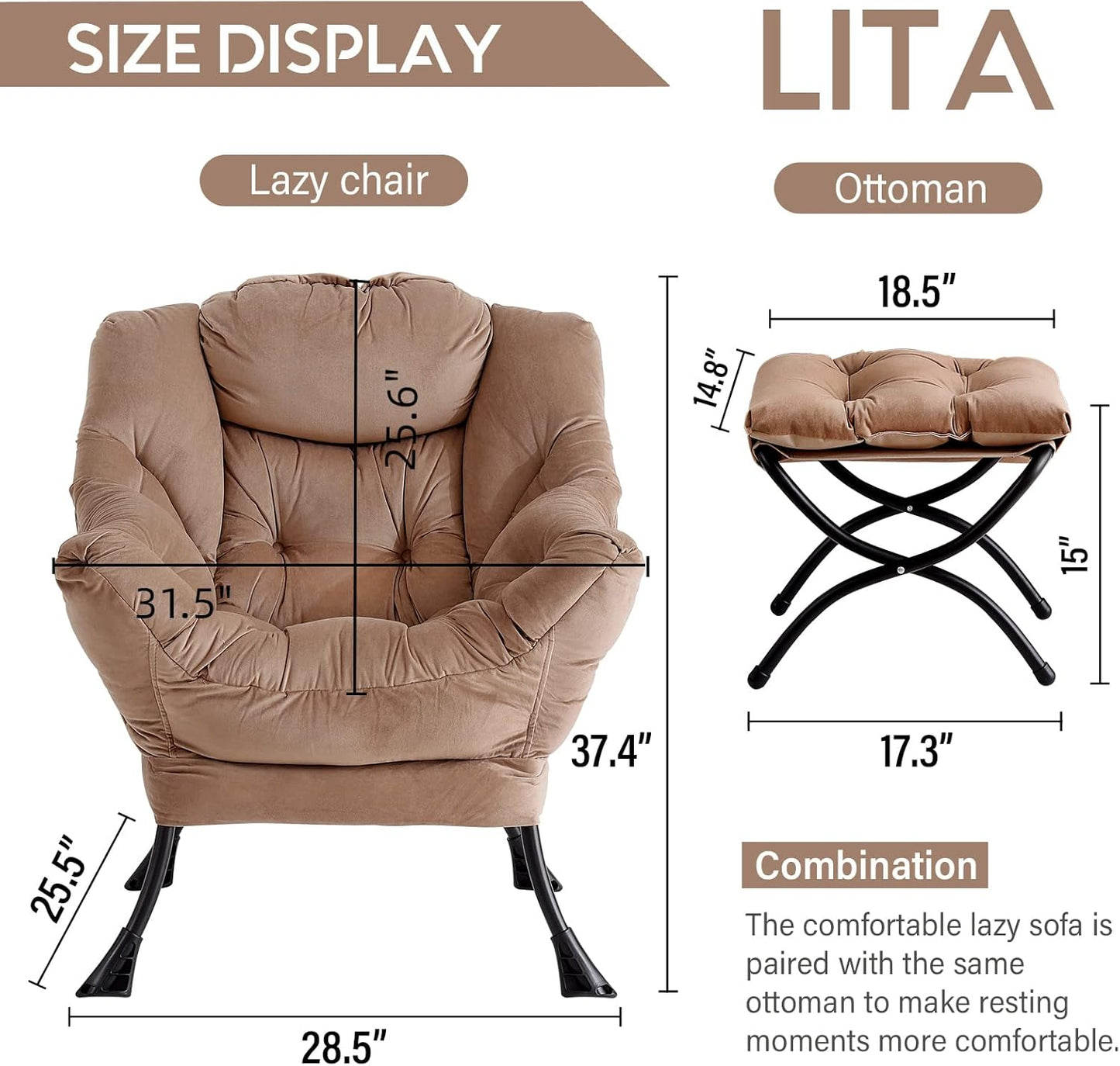 LITA Velvet Dark Brown Contemporary Accent Leisure Upholstered Sofa Chair with Ottoman, Modern Lounge Reading Chair for Living Room, Bedroom & Small Space