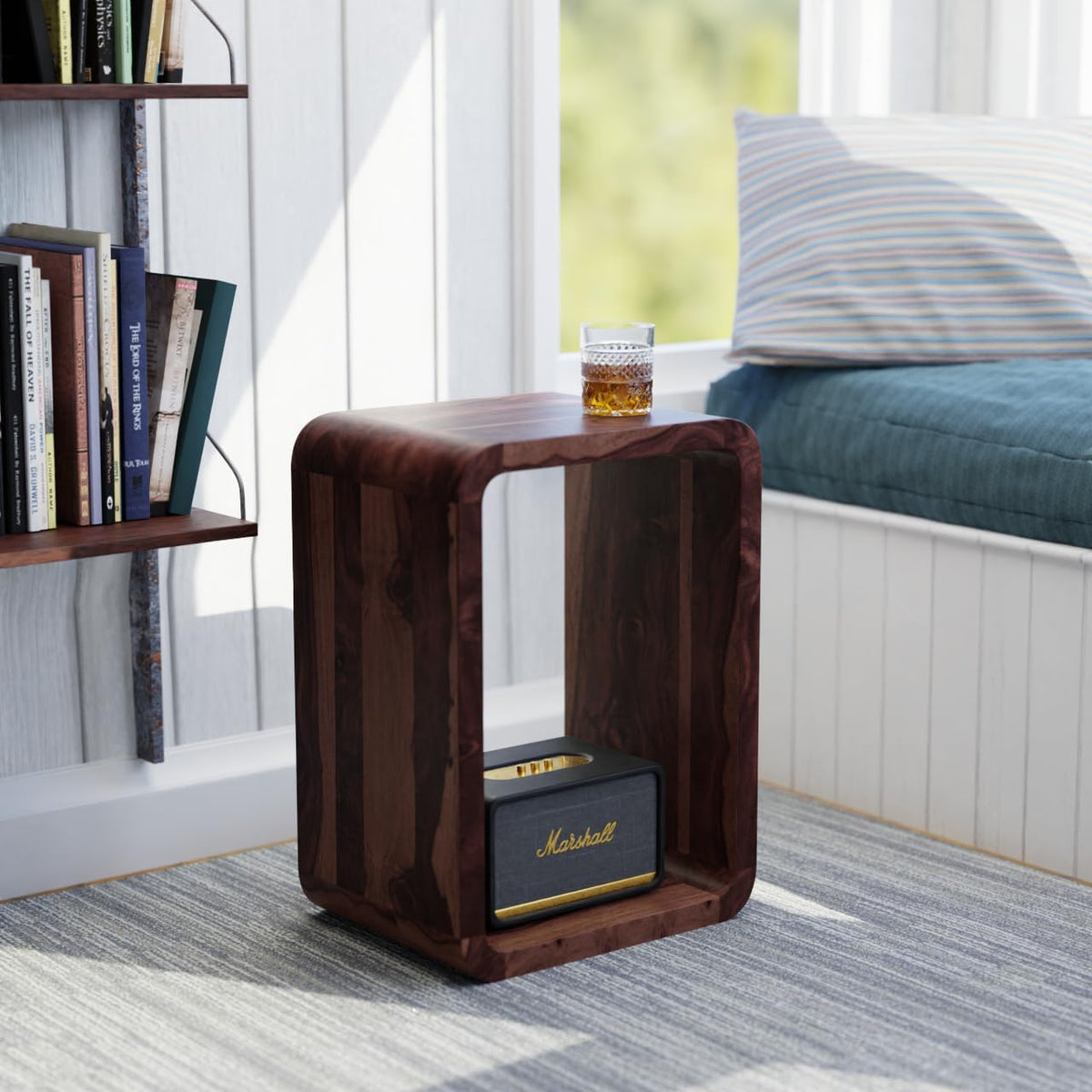 Relso Aurora End Table Solid Sheesham Wood Nightstand with Open Shelf Storage, Walnut Finish Bedside Table, Side Table for Bedroom, Living Room, Entryway, Small Spaces, Accent Bookshelf