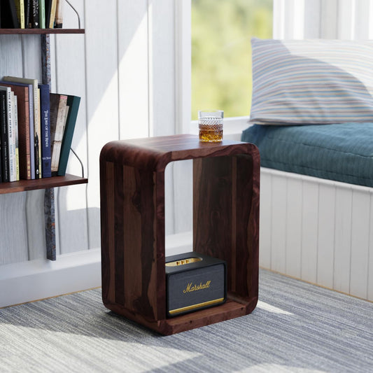 Relso Aurora End Table Solid Sheesham Wood Nightstand with Open Shelf Storage, Walnut Finish Bedside Table, Side Table for Bedroom, Living Room, Entryway, Small Spaces, Accent Bookshelf