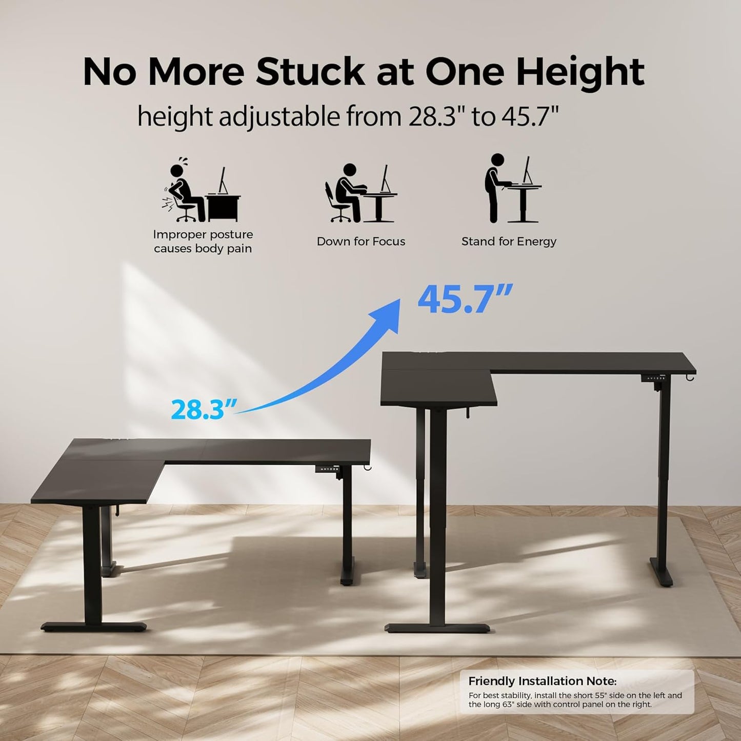 Agilestic 75 Inch L Shaped Standing Desk Adjustable Height, Corner Standing Desk, Sit Stand Up Computer Table, Splice Board, Black
