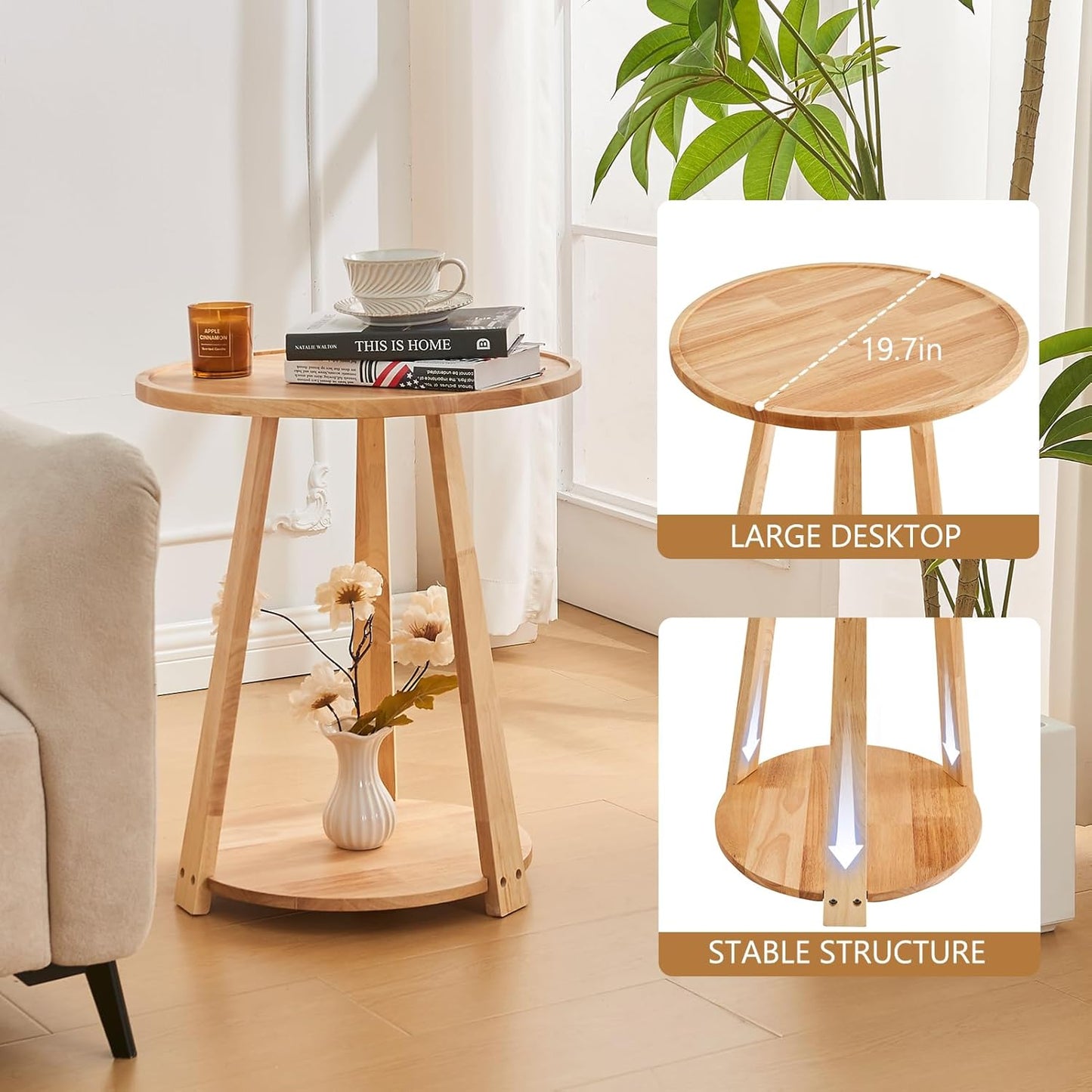 CozyDH Round End Table, Wooden Narrow/Little Coffee/Sofa/Couch SideTable with Lower Shelf for Living Room Bedroom, Solid Wood Bedside Nightstand, Natural