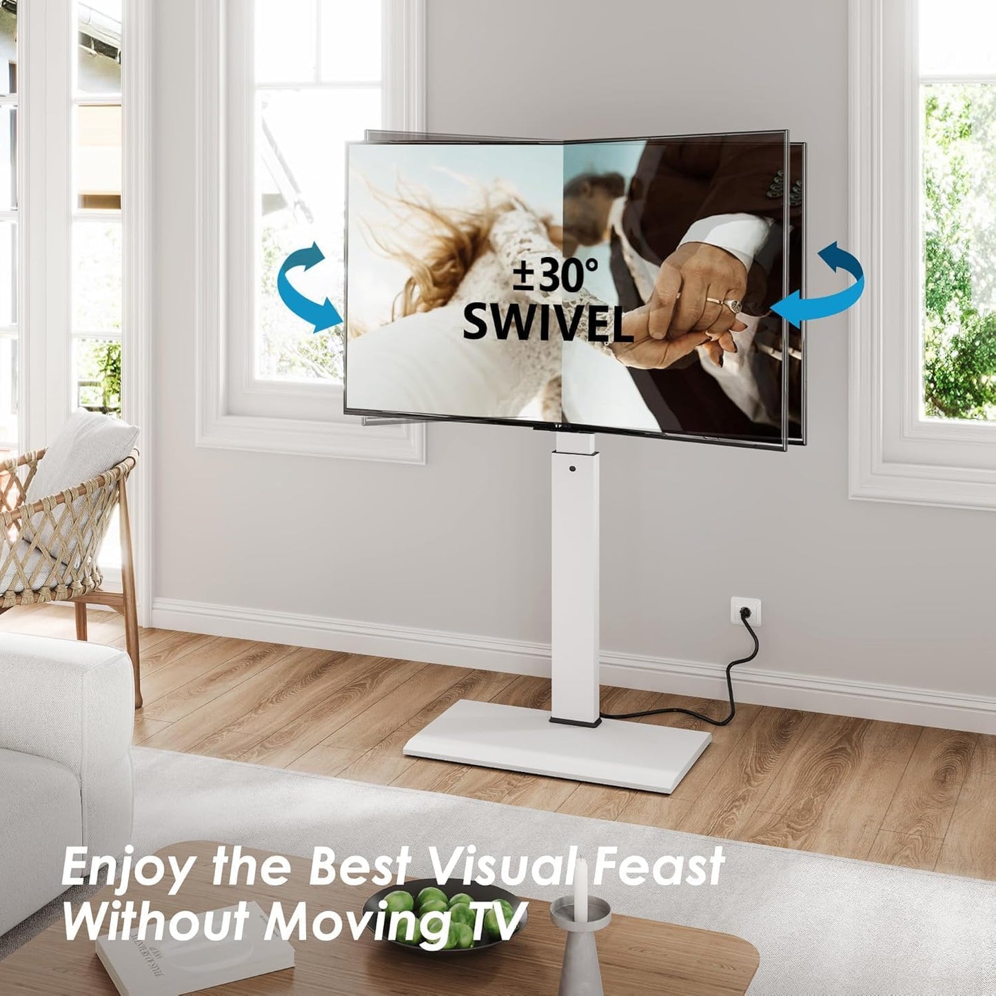 FITUEYES Floor Swivel TV Stand with Power Outlet for 32-65 Inch TVs, Floor TV Stand with Mount Height Adjustable with Iron Base, Hold Up to 88lbs, Space Saving for Bedroom, Living Room