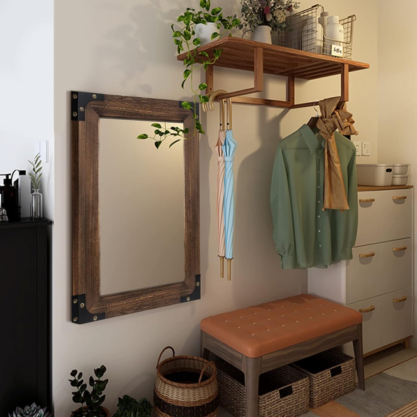 blue page Rustic Mirror Wood Mirror for Bathroom, Decorative Framed Wall Mirror, Farmhouse Natural Vanity Mirror, Wall Mounted Rectangular Mirror for Bedroom Living Room, Small 20x28 Inch