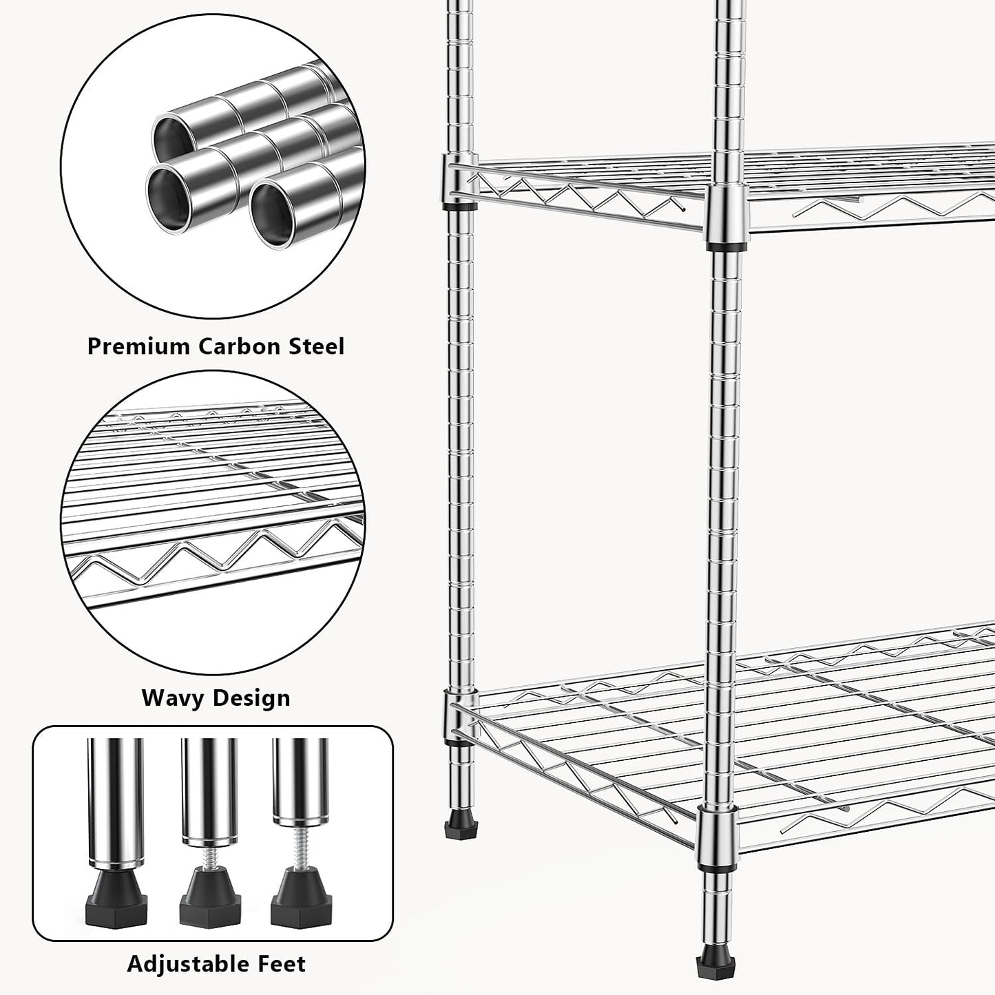 1250 lbs 5 Tier Shelf Metal Storage Shelves Wire Rack Closet Organizers with Wheel for Garage Kitchen Bathroom Laundry Chrome 13.7" D x 23.6" W x 62.4" H
