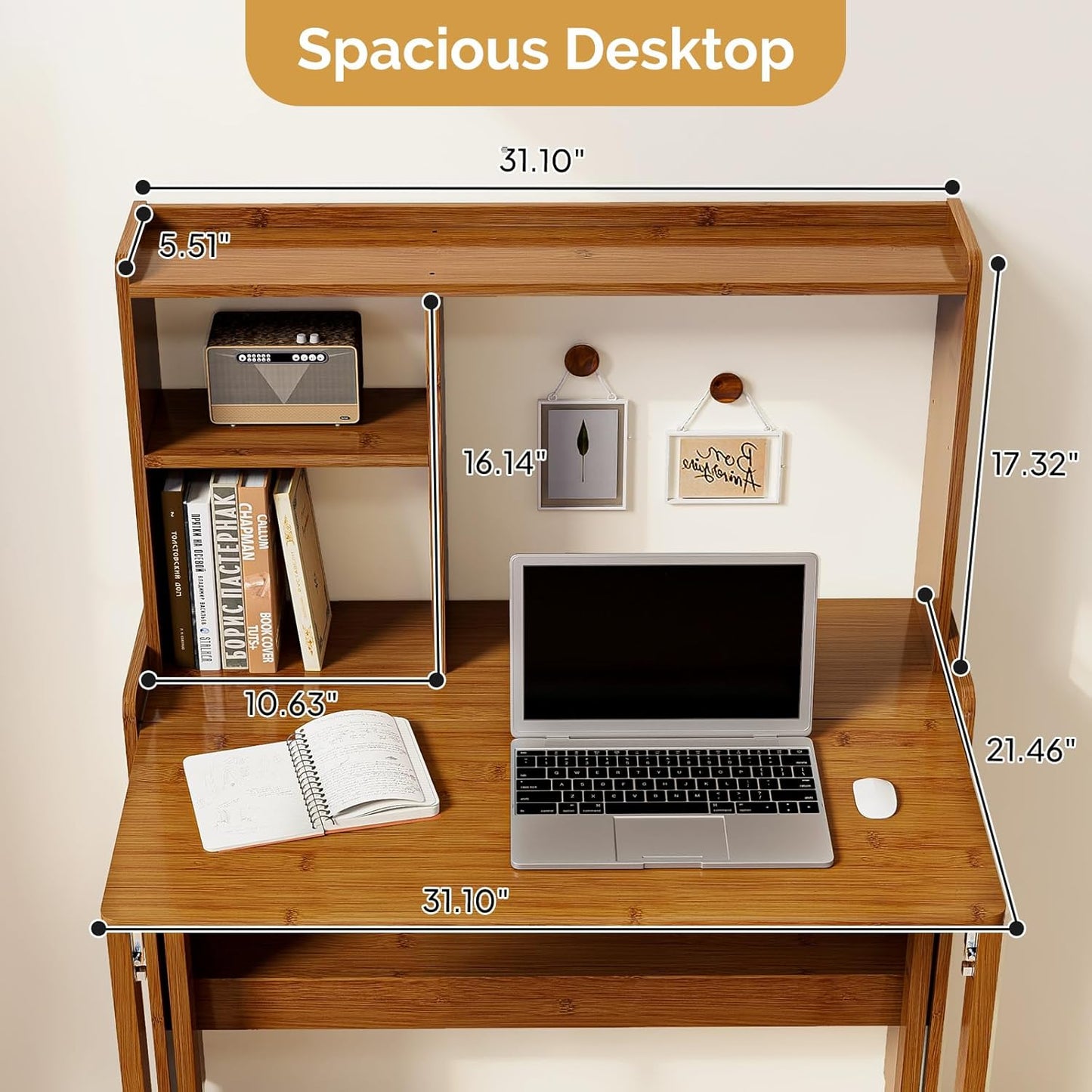 31.1" Bamboo Folding Desk with Bookshelf, Compact Computer Desk for Small Spaces, Foldable Study Table with Storage Shelf, Space-Saving Home Office Table for Bedroom, Dorm, Apartment,Brown