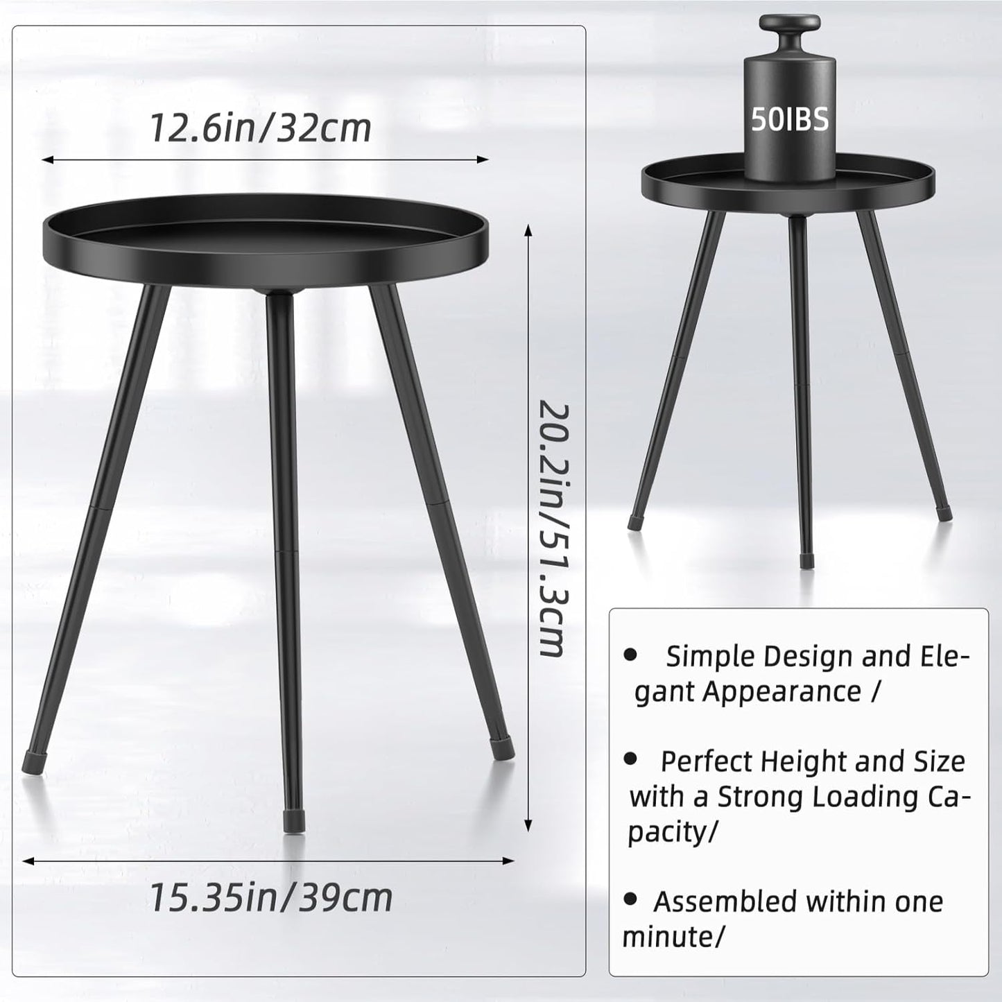 Stylish Round End Table - Small Side Table, Mini Metal Bedside Table for Living Room, Bedroom, Sofa Side - Modern Black Decor for Small Spaces